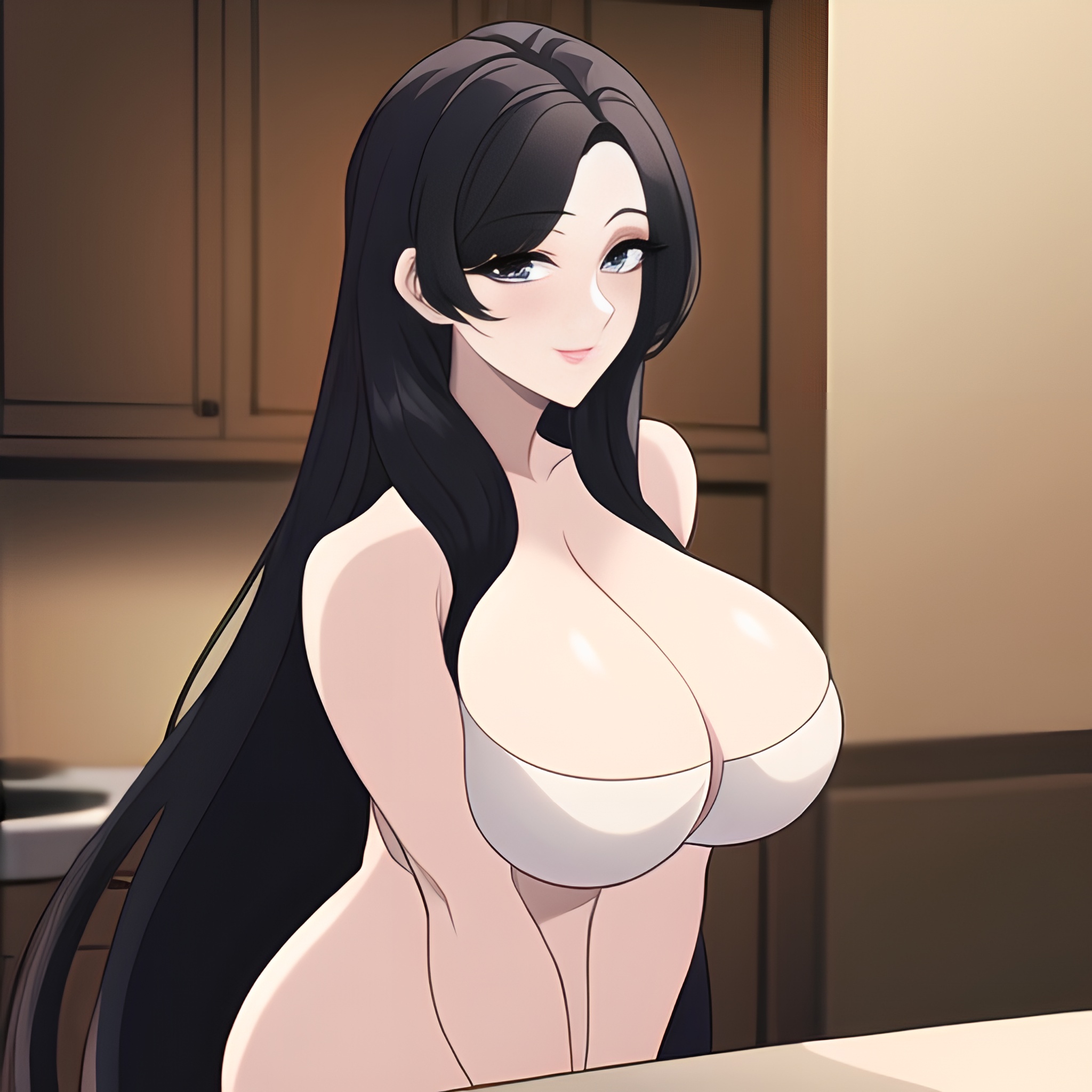 long hair nude front view perfect boobs woman kitchen 