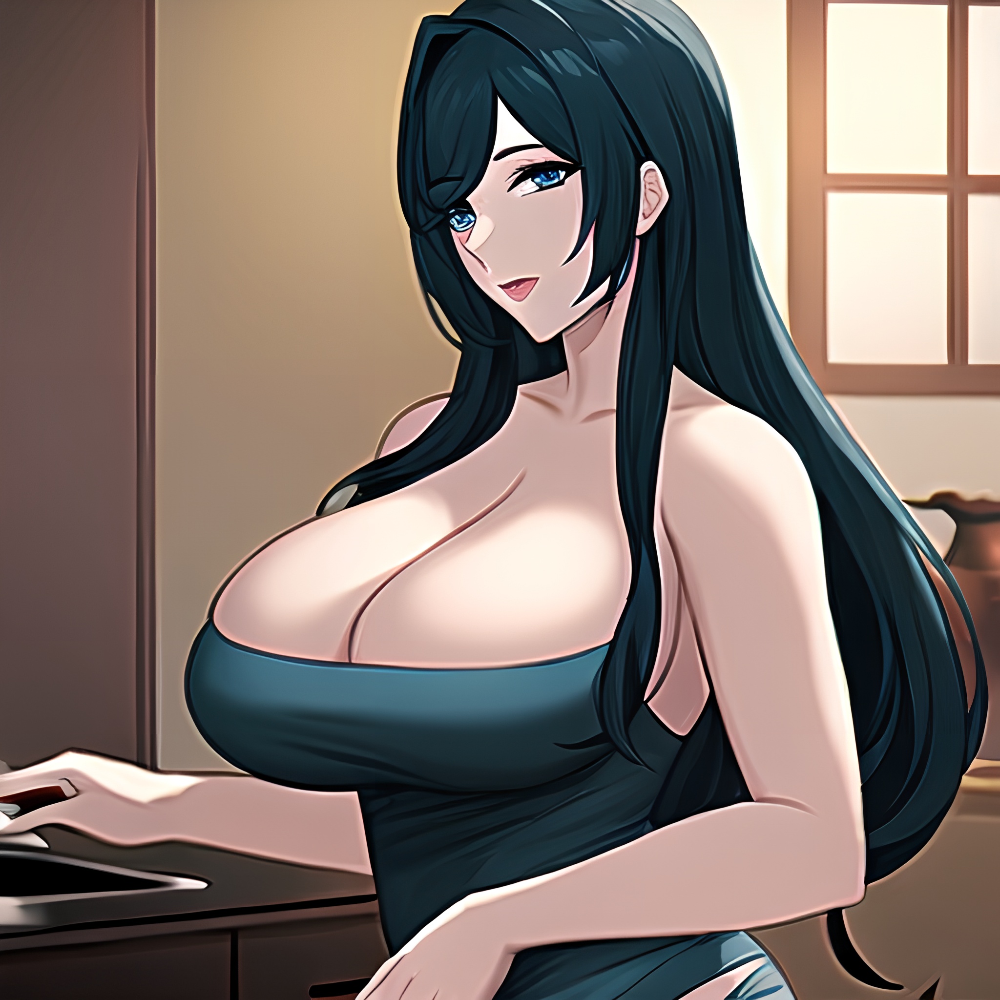 long hair nude front view woman kitchen perfect boobs 