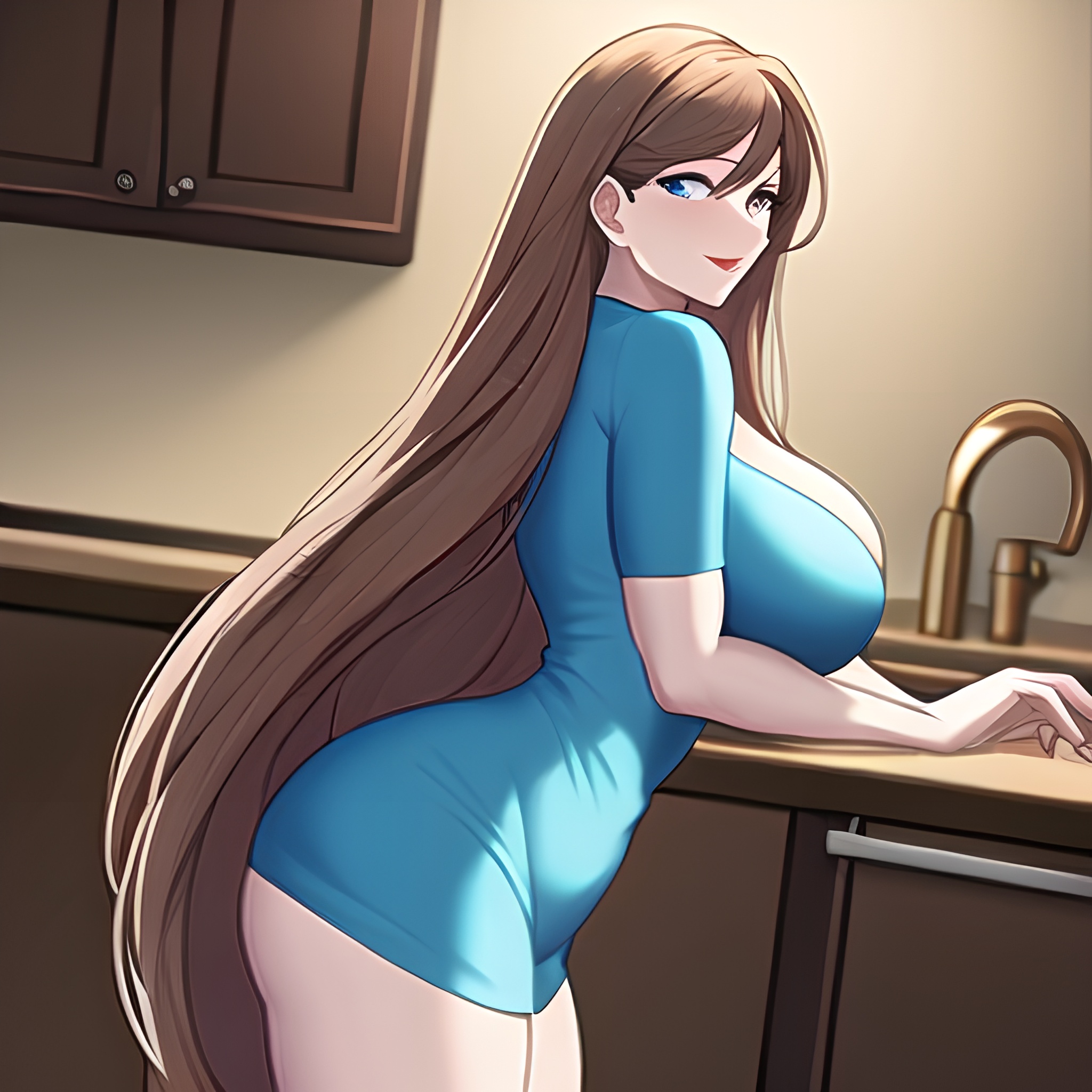 long hair nude kitchen front view perfect boobs woman 