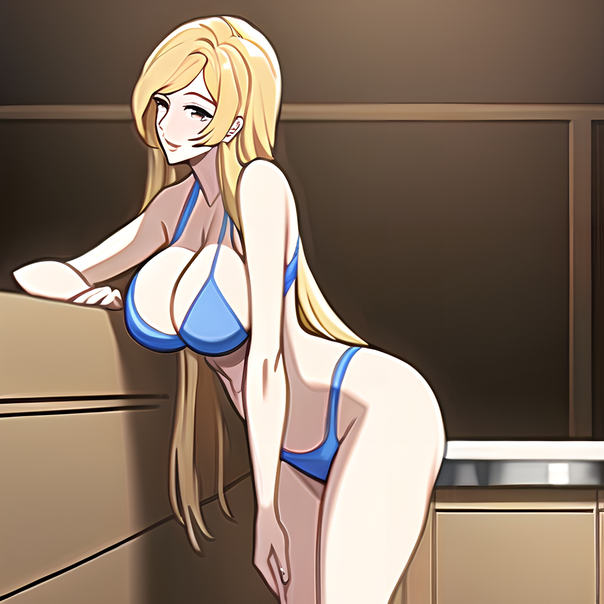 long hair nude kitchen front view woman perfect boobs 