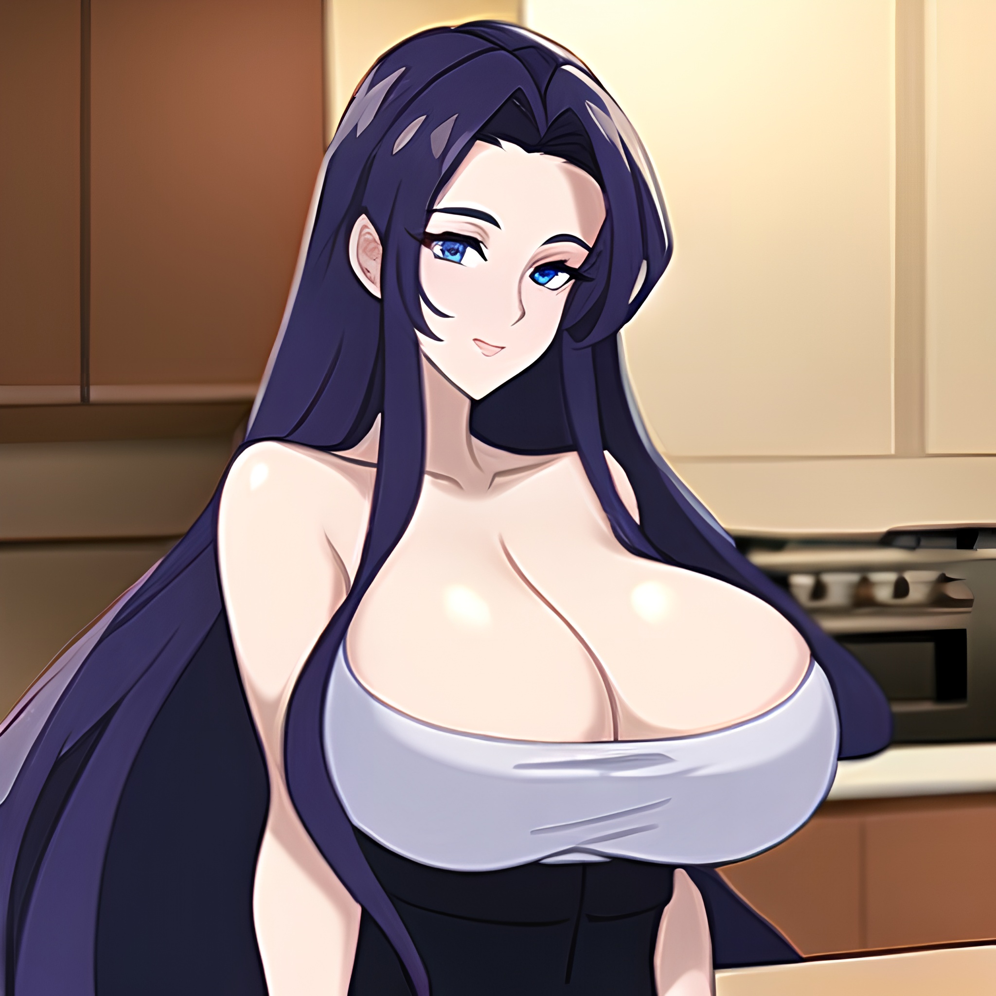 long hair nude kitchen front view woman perfect boobs