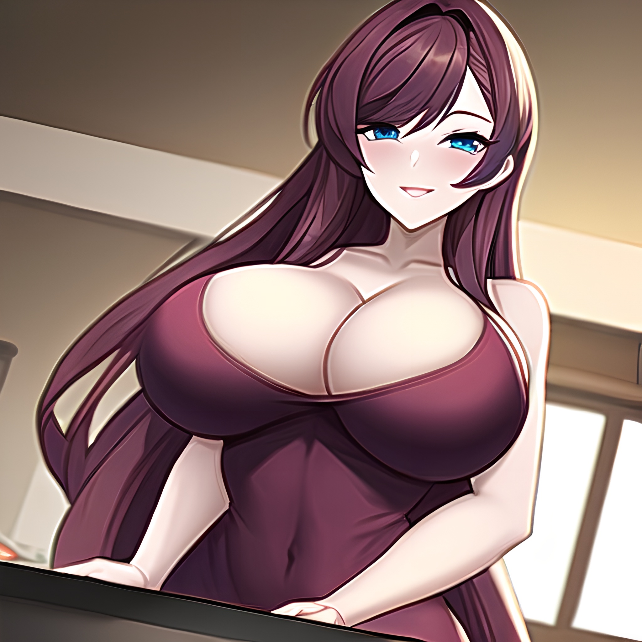 long hair nude kitchen front view woman perfect boobs 