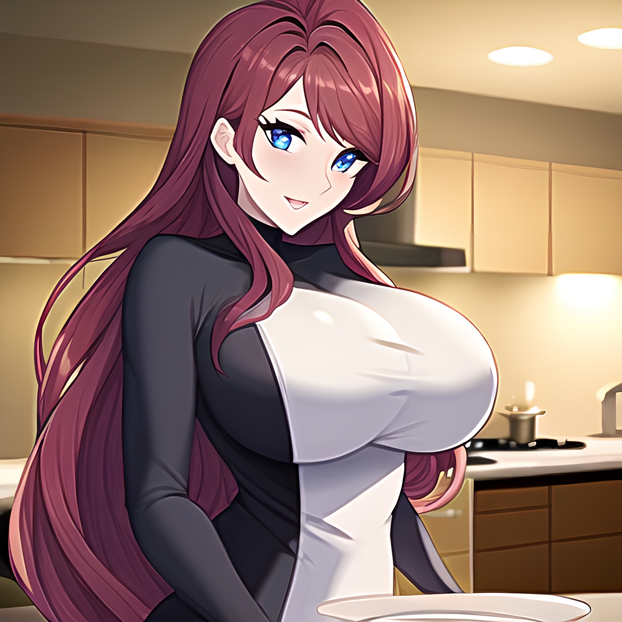 long hair nude perfect boobs woman front view kitchen 