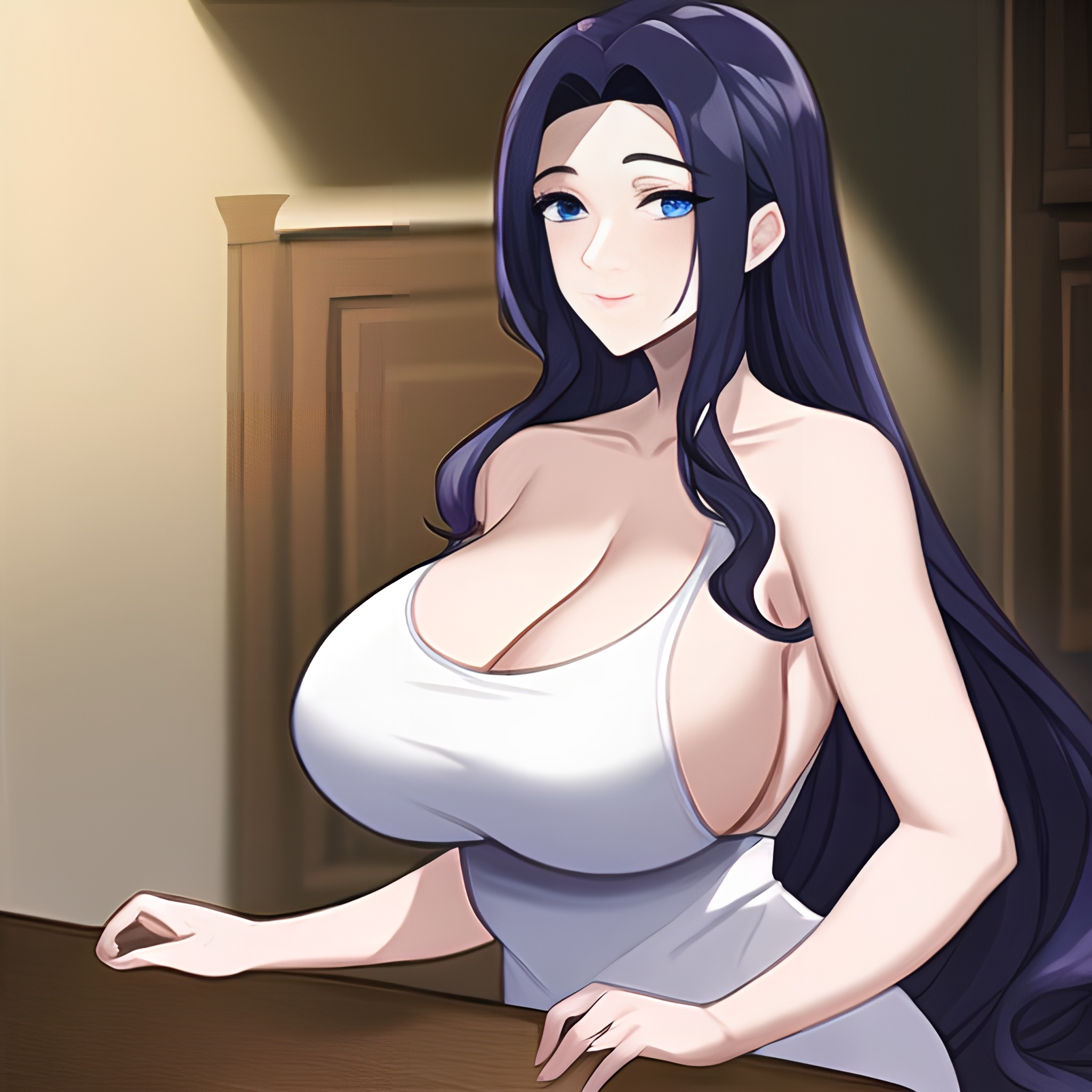 long hair nude woman front view perfect boobs kitchen 