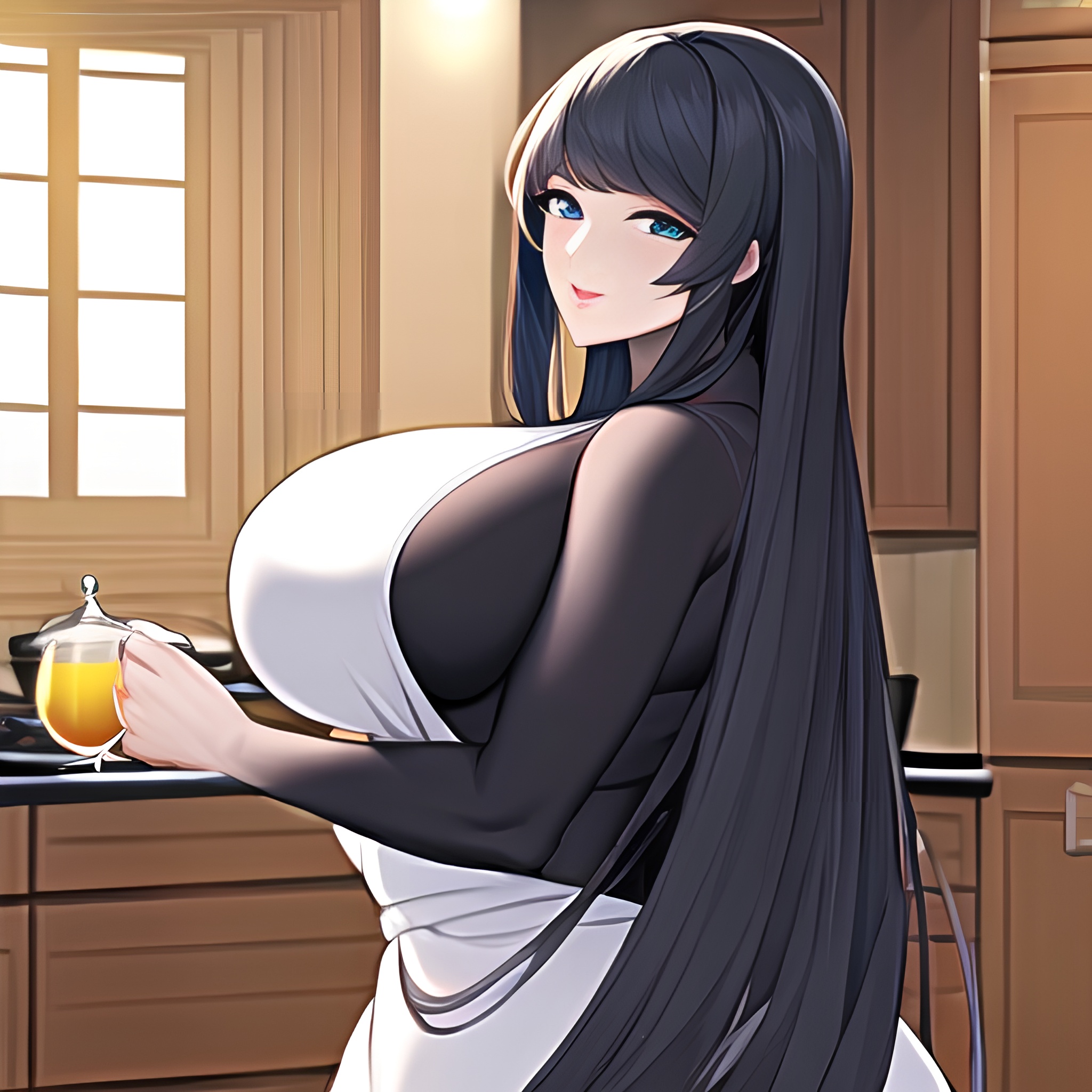 long hair nude woman perfect boobs front view kitchen 