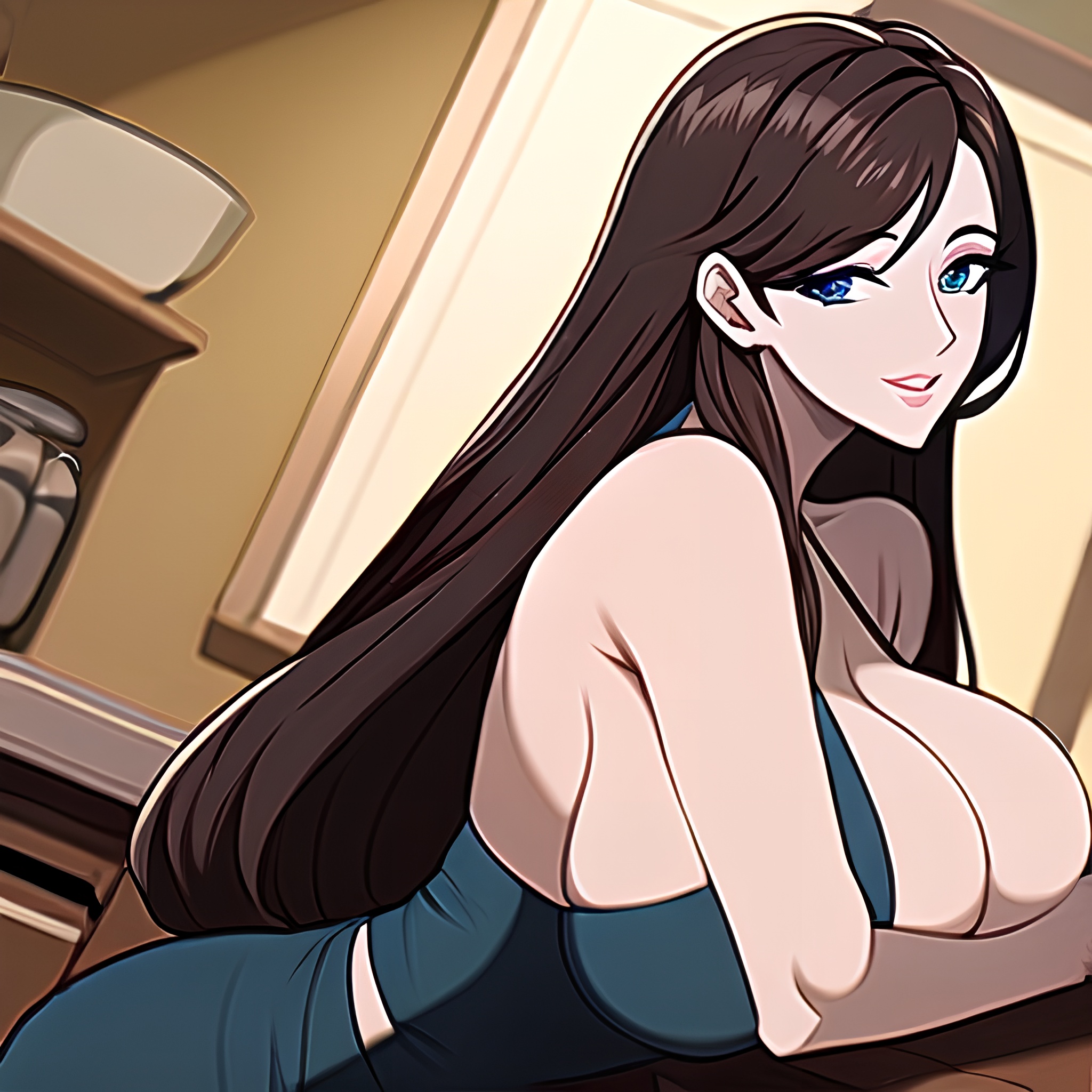 long hair perfect boobs front view kitchen woman nude 