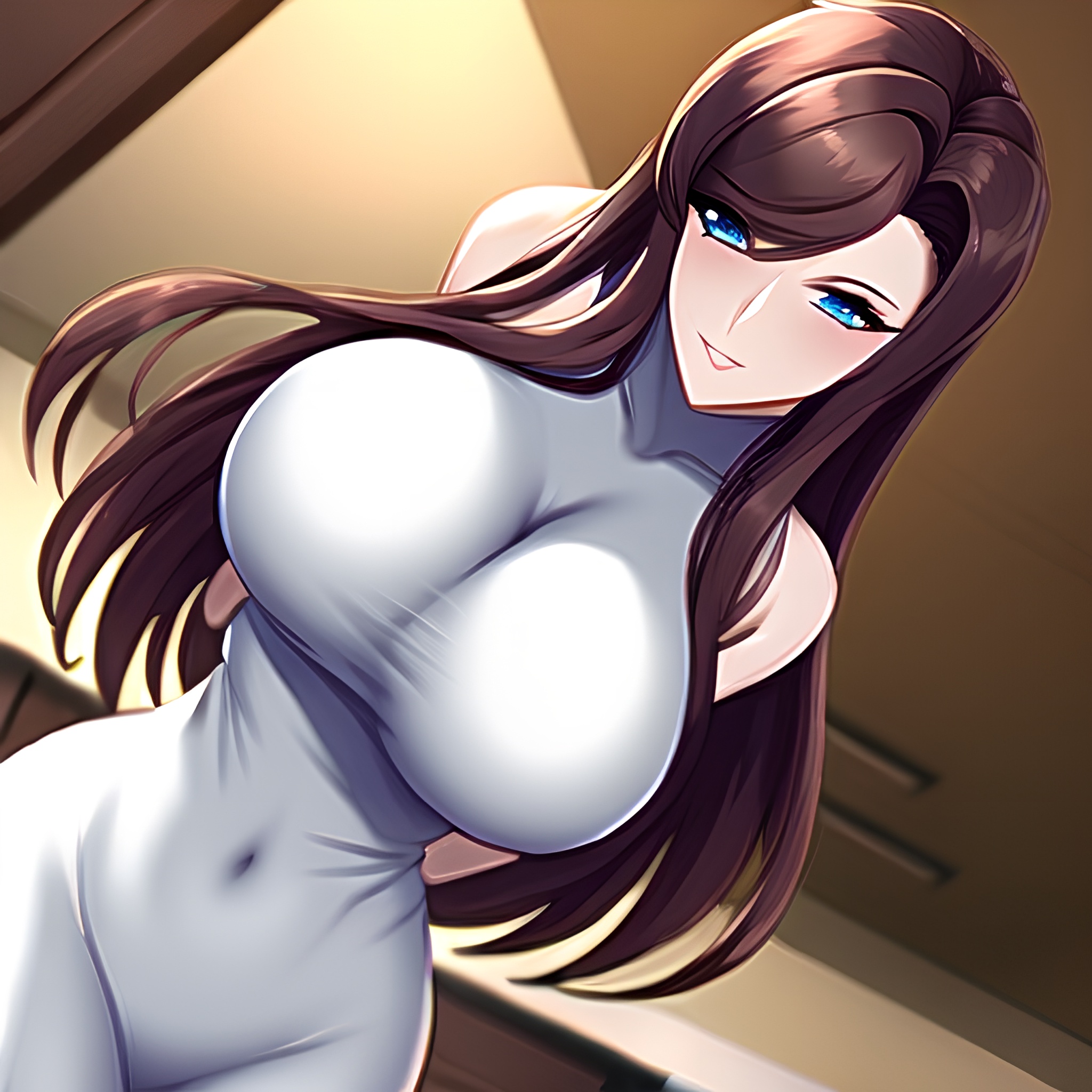 long hair perfect boobs front view nude woman kitchen 