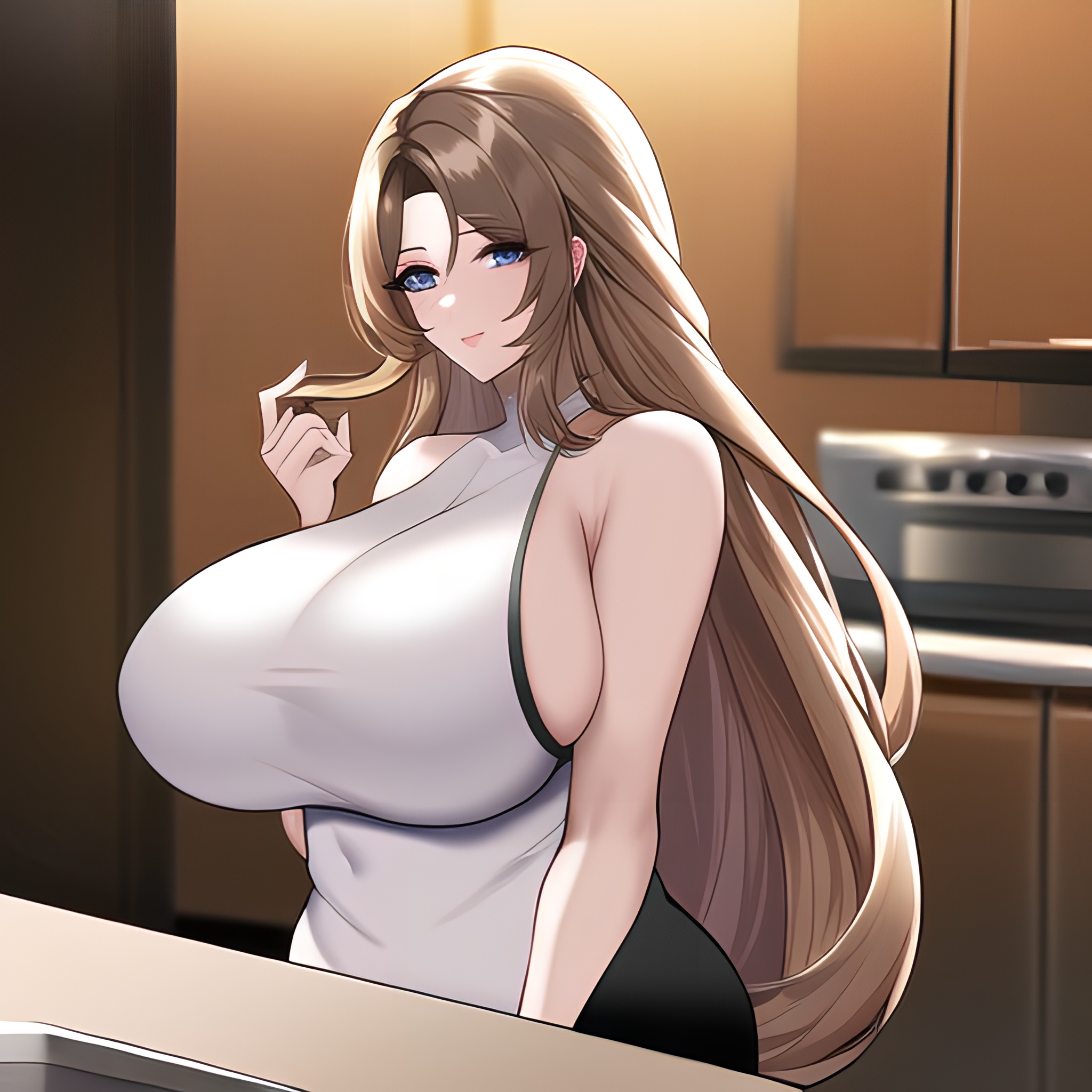 long hair perfect boobs front view nude woman kitchen 