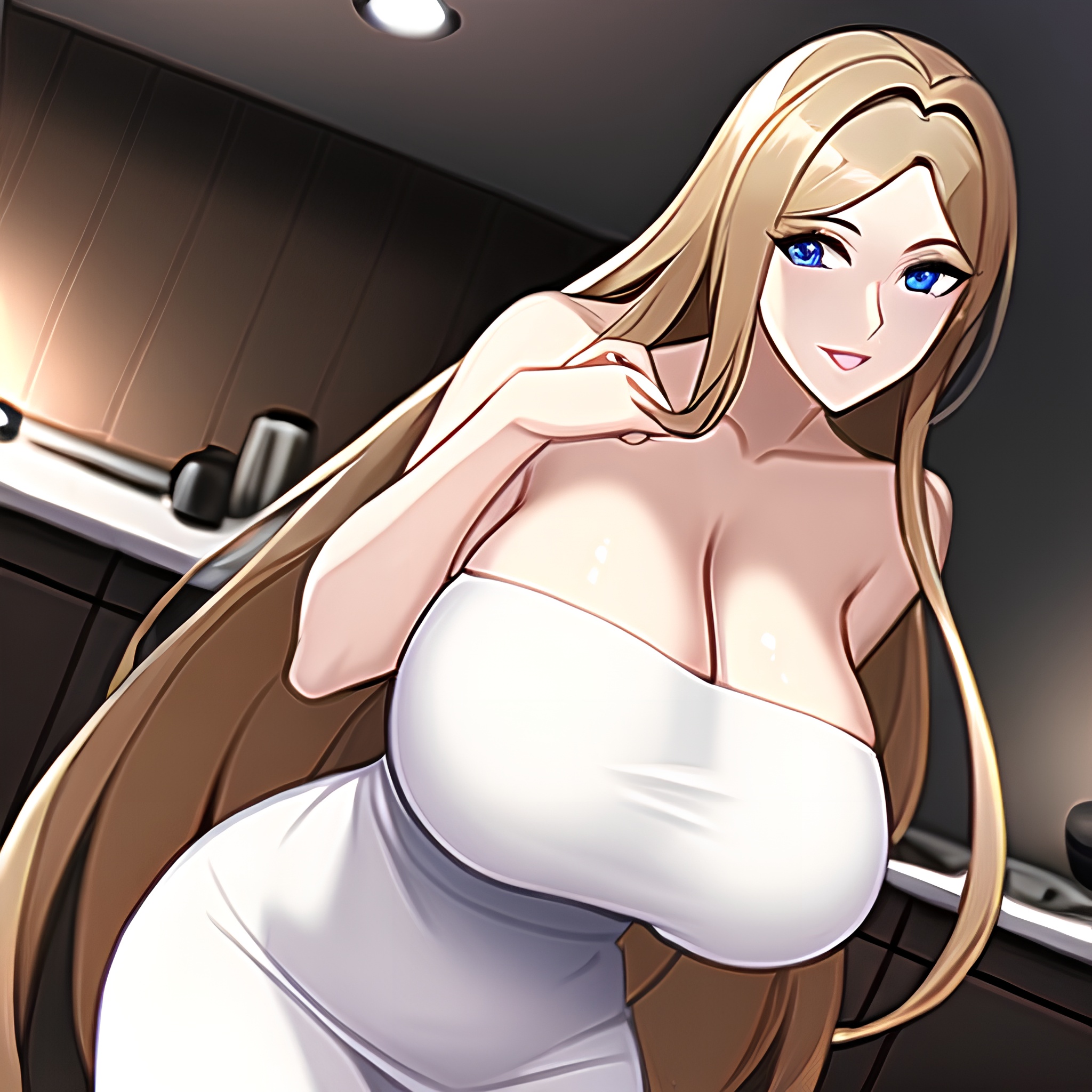 long hair perfect boobs front view woman nude kitchen 