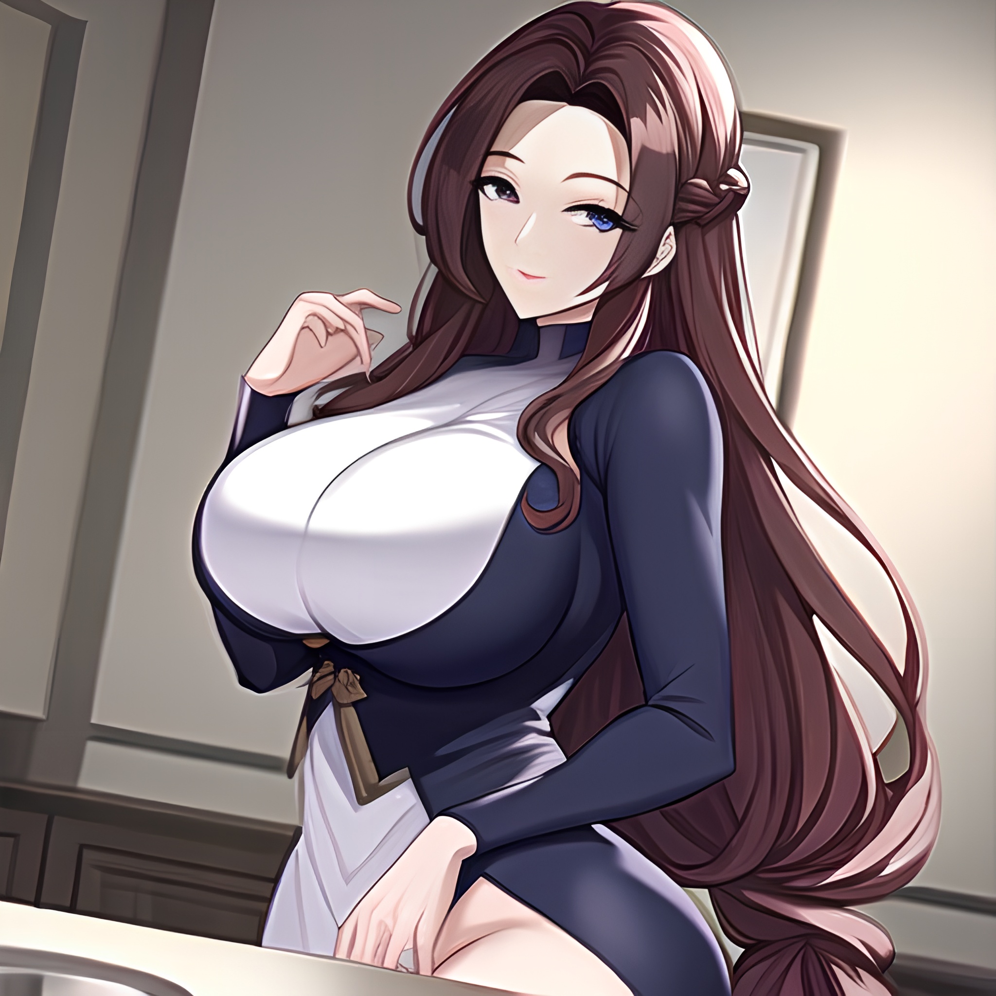 long hair perfect boobs front view woman nude kitchen 