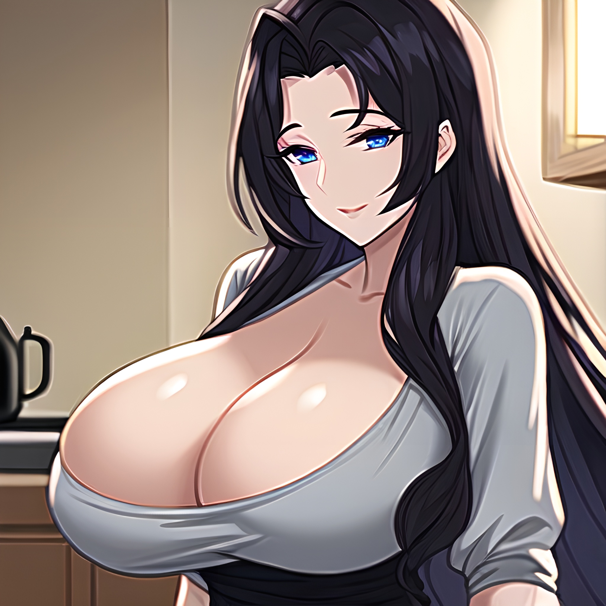 long hair perfect boobs kitchen front view nude woman 