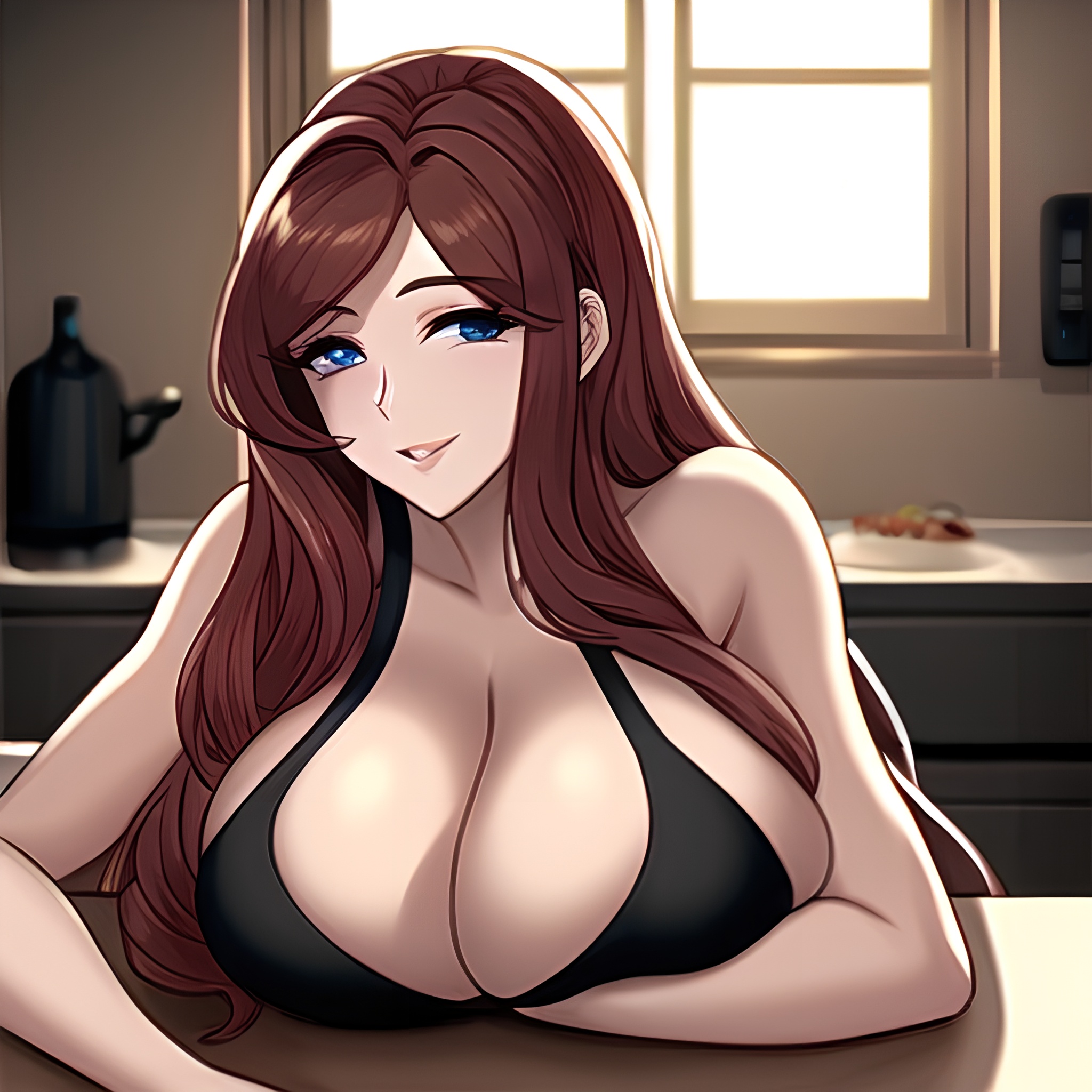 long hair perfect boobs kitchen woman nude front view 