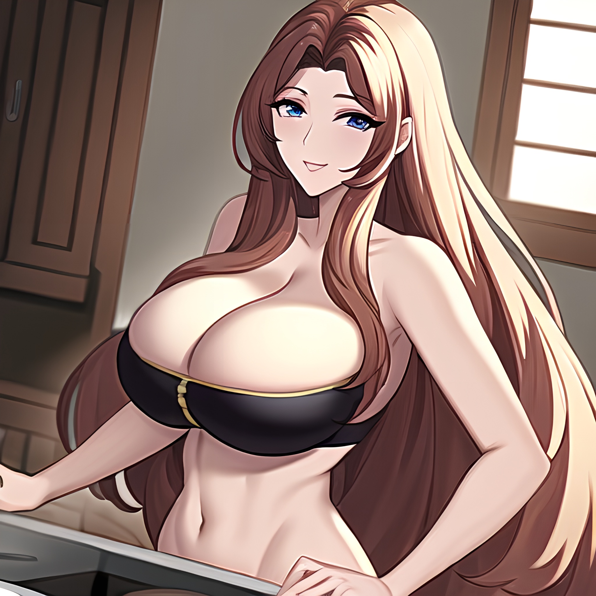 long hair perfect boobs nude front view kitchen woman