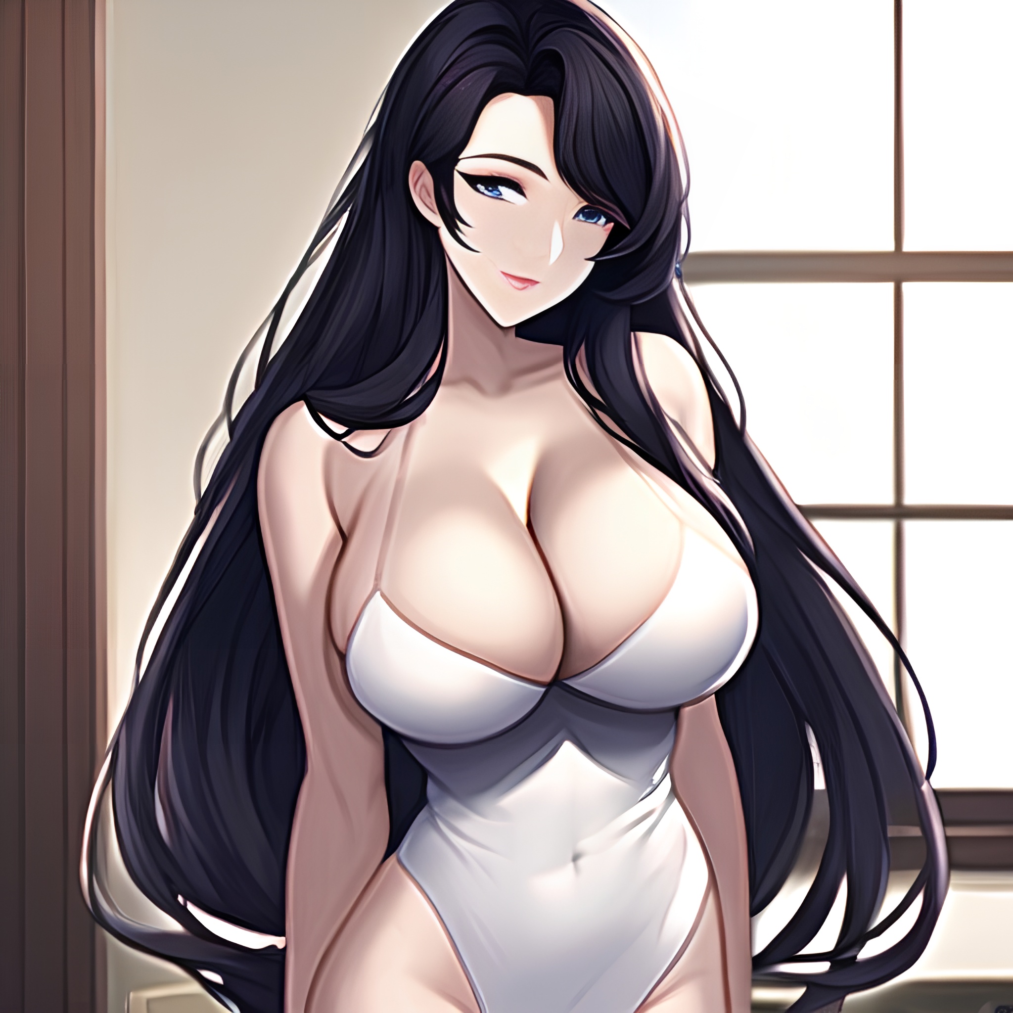 long hair perfect boobs nude kitchen front view woman 