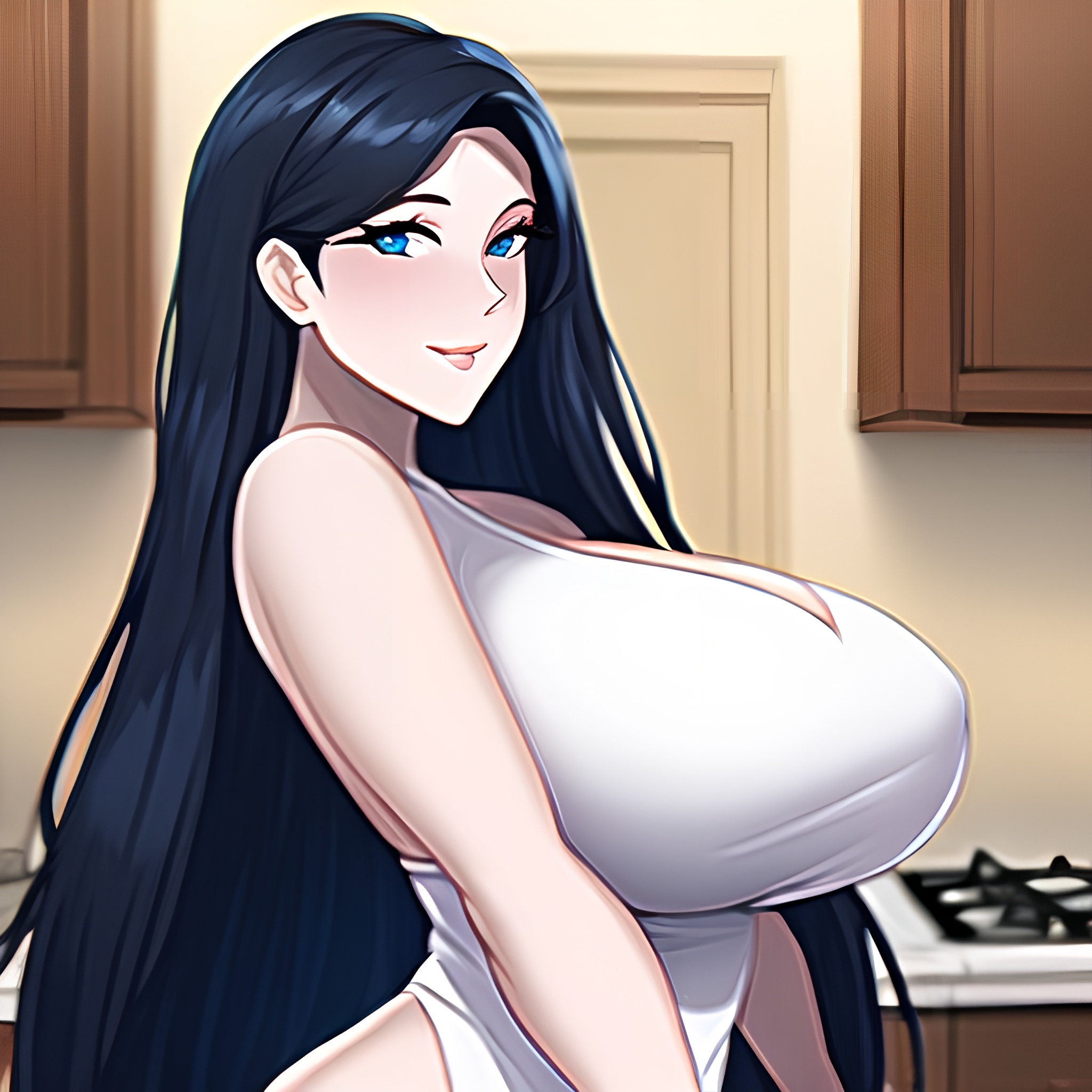 long hair perfect boobs nude kitchen woman front view 