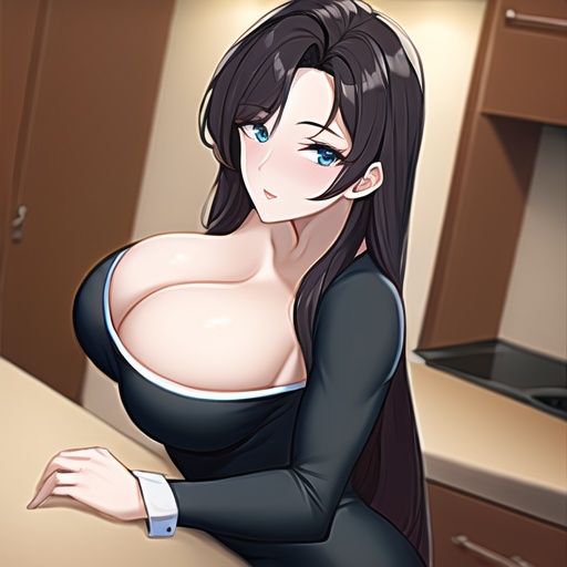 long hair perfect boobs woman kitchen front view nude 