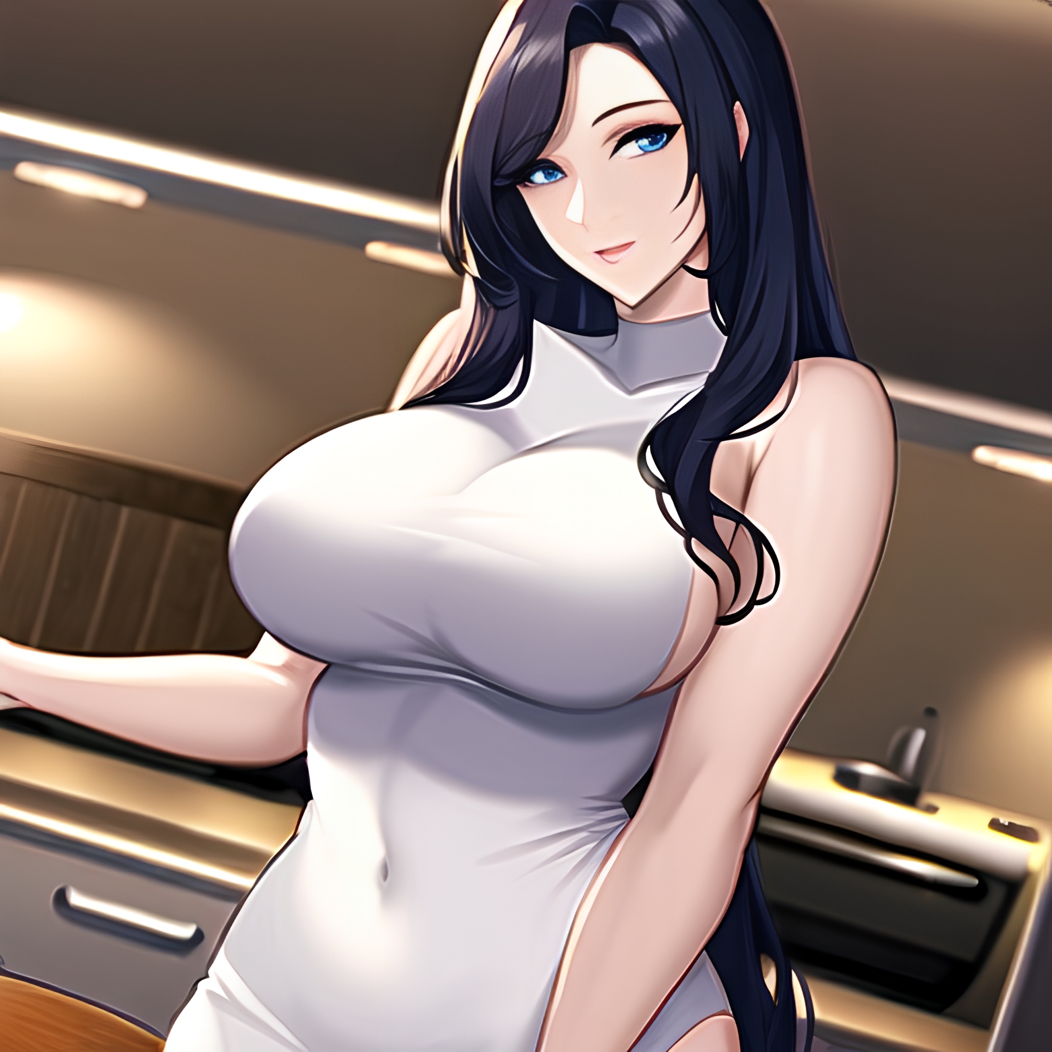 long hair perfect boobs woman kitchen nude front view