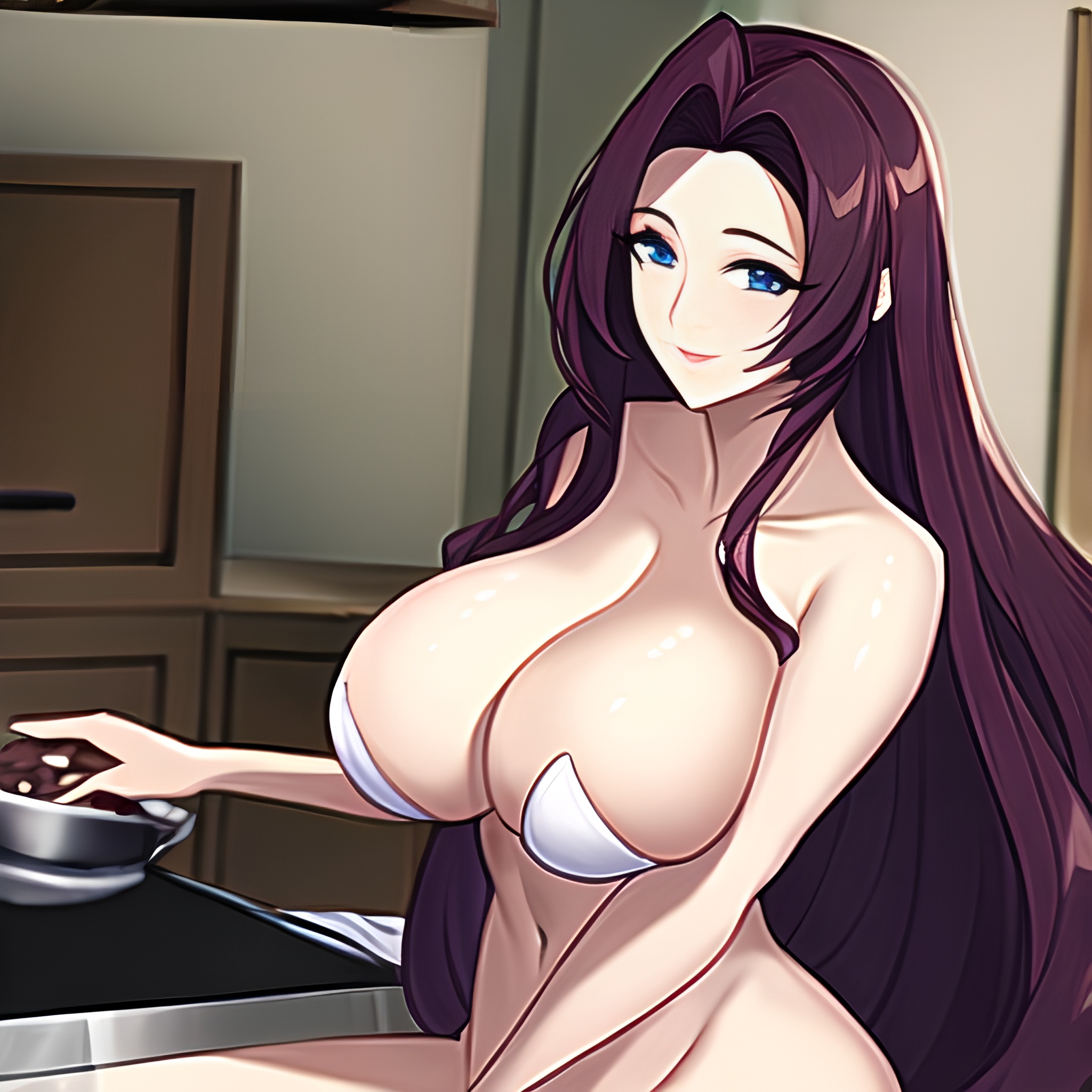 long hair woman front view nude kitchen perfect boobs 