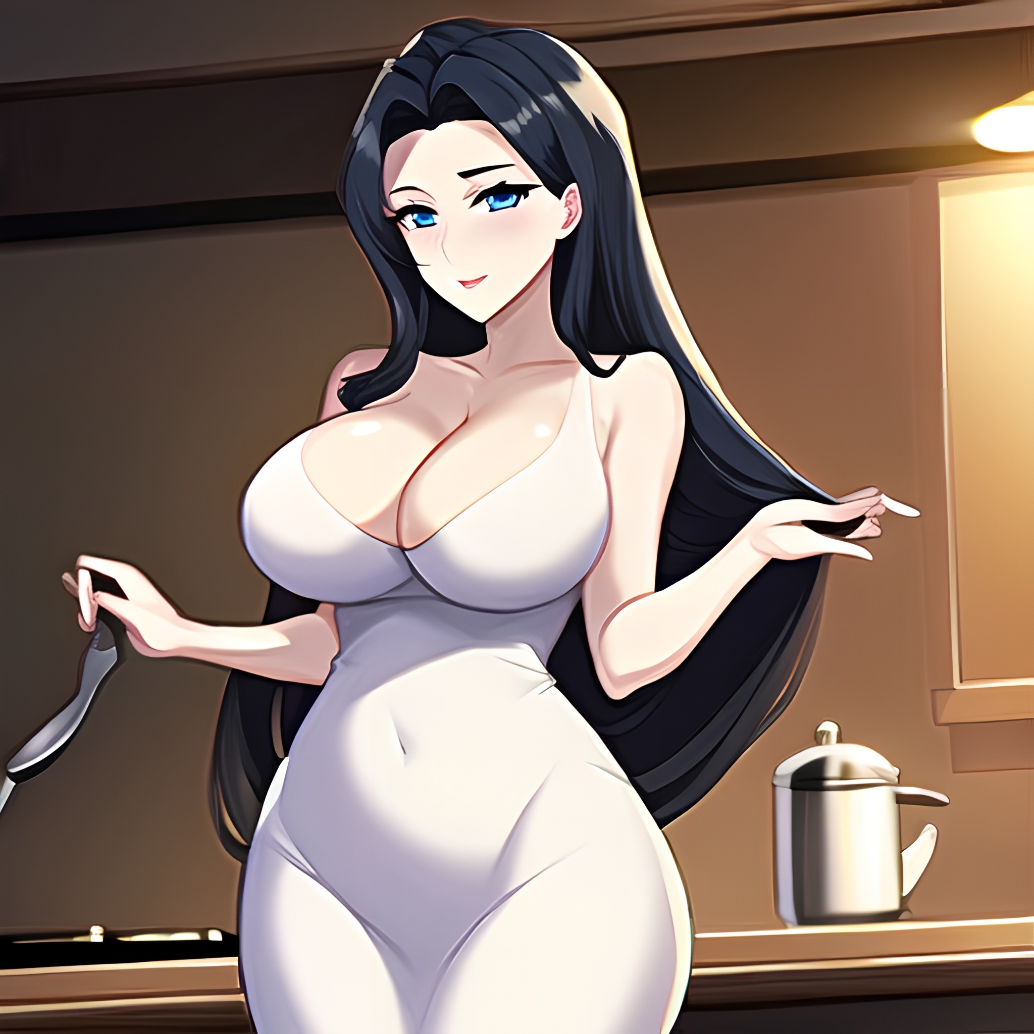 long hair woman front view perfect boobs nude kitchen 