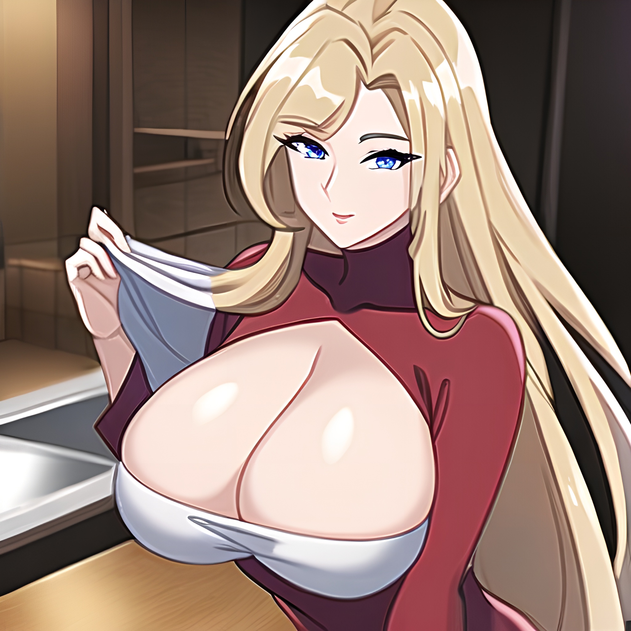 long hair woman kitchen front view nude perfect boobs