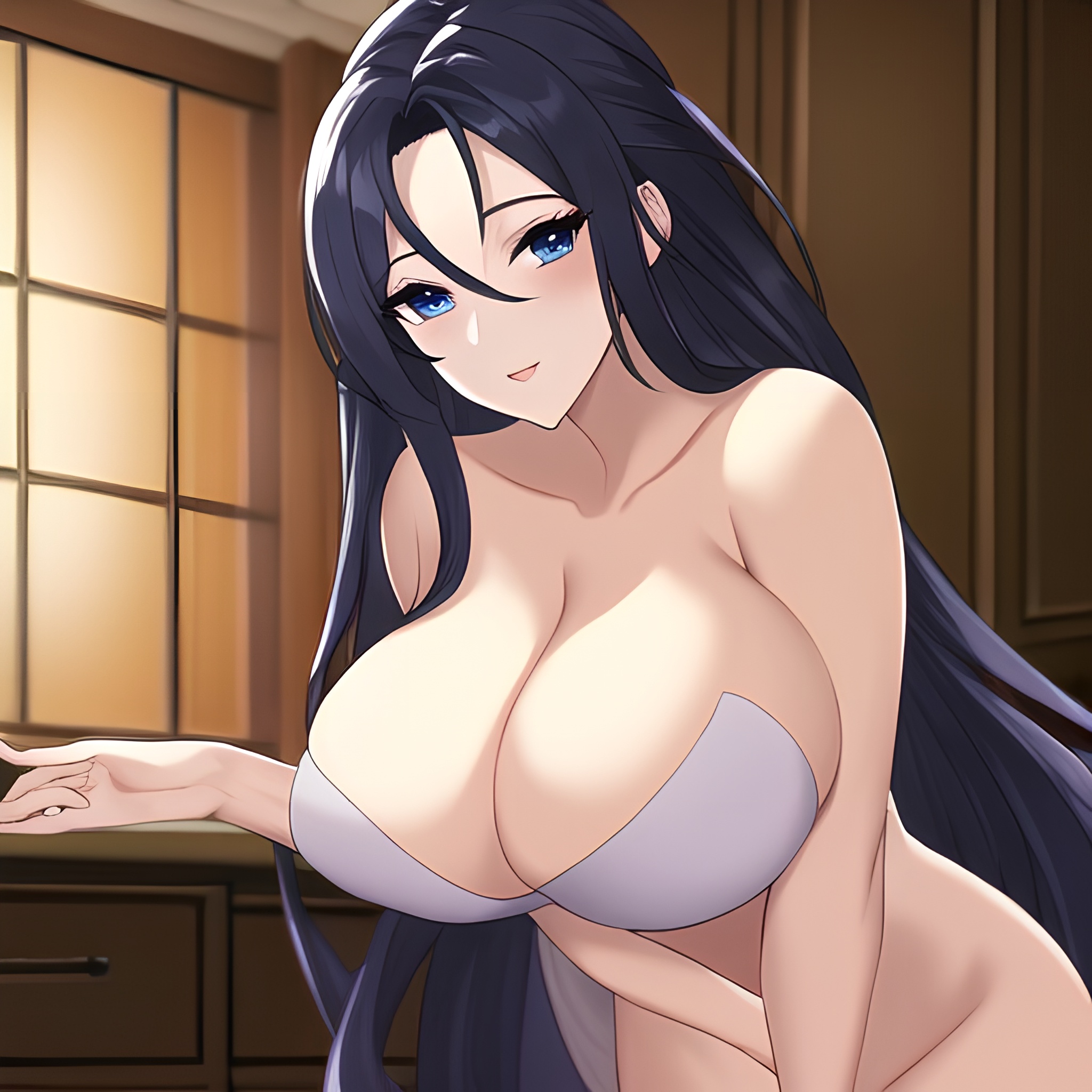 long hair woman kitchen nude perfect boobs front view 