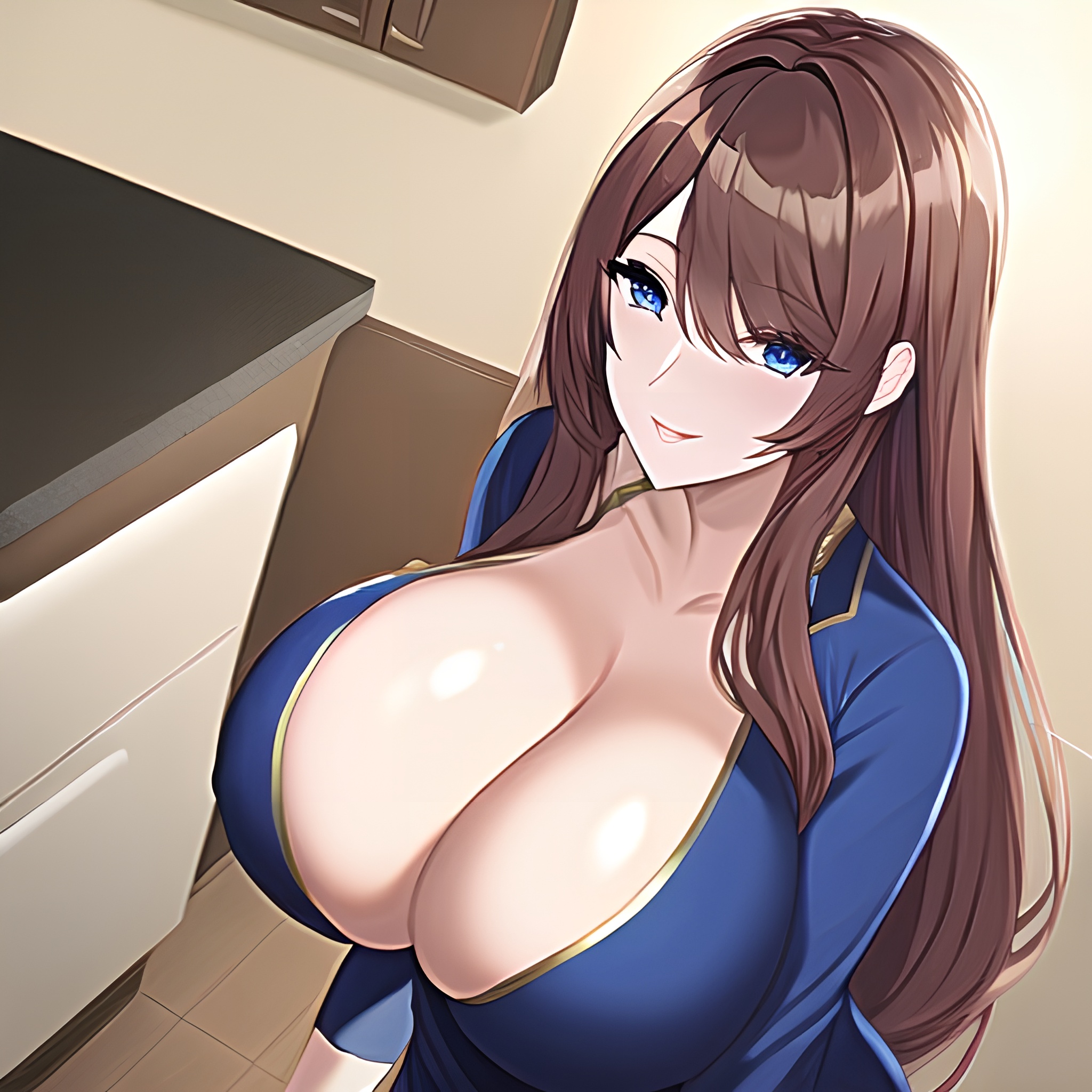 long hair woman nude front view kitchen perfect boobs 