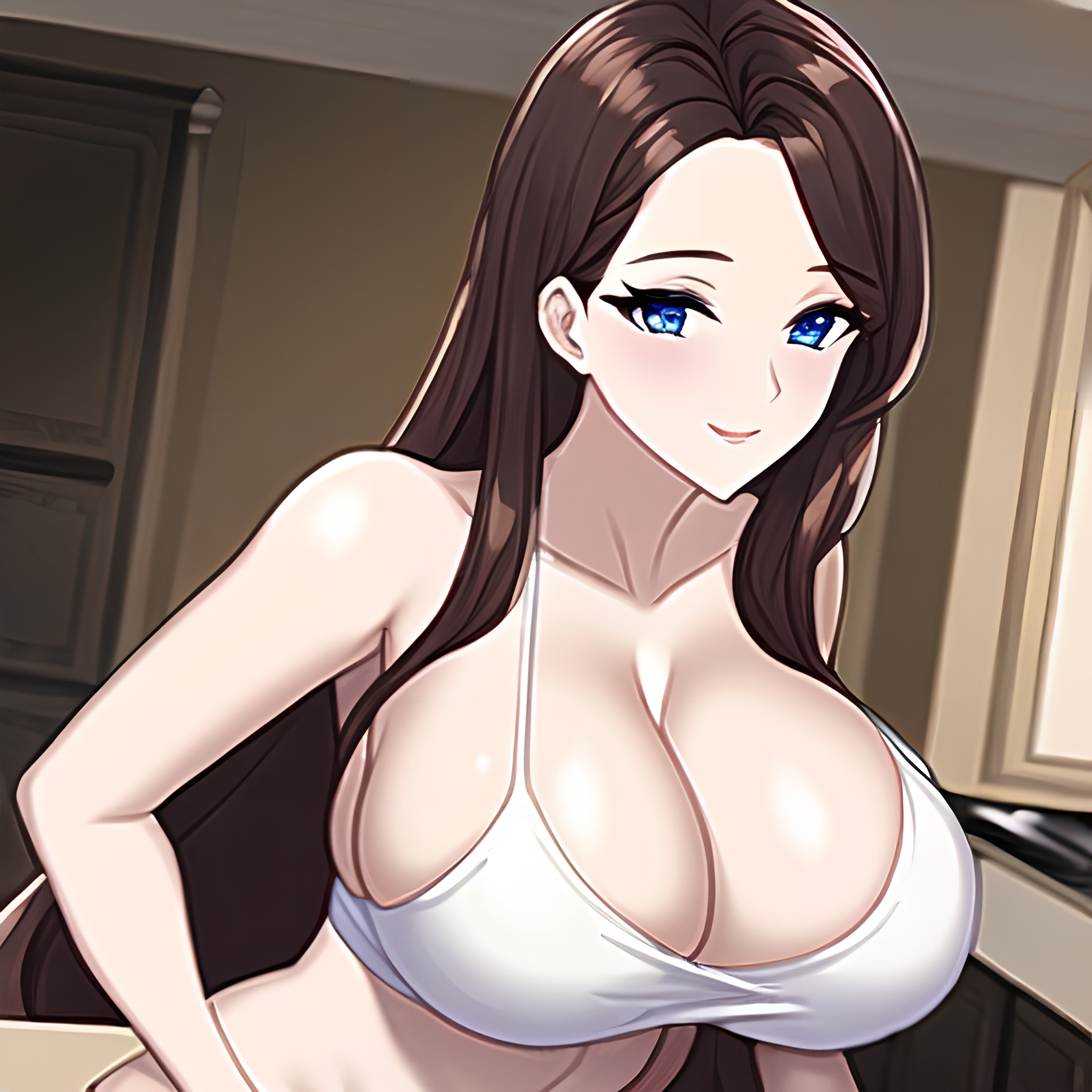 long hair woman nude front view perfect boobs kitchen