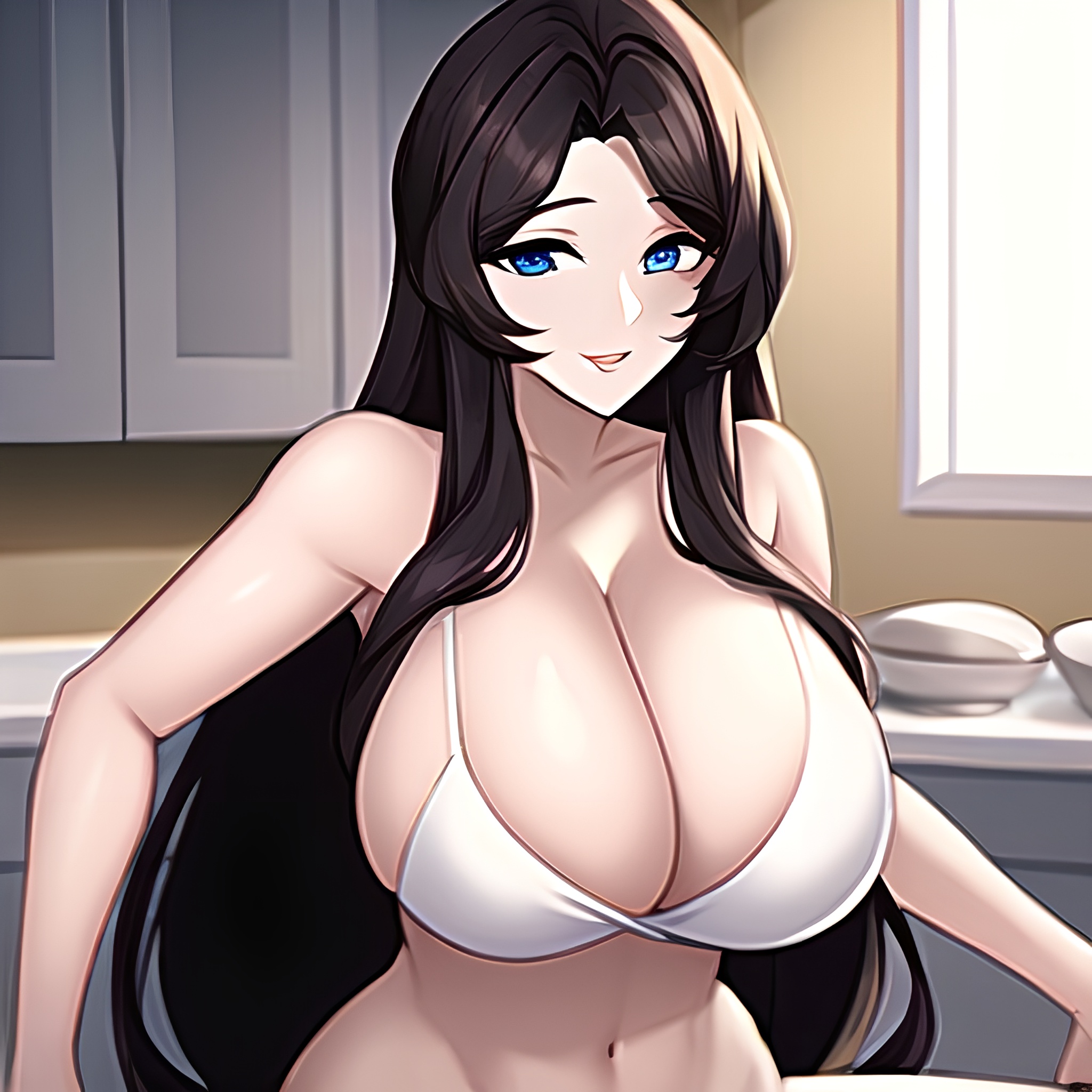 long hair woman nude kitchen perfect boobs front view 