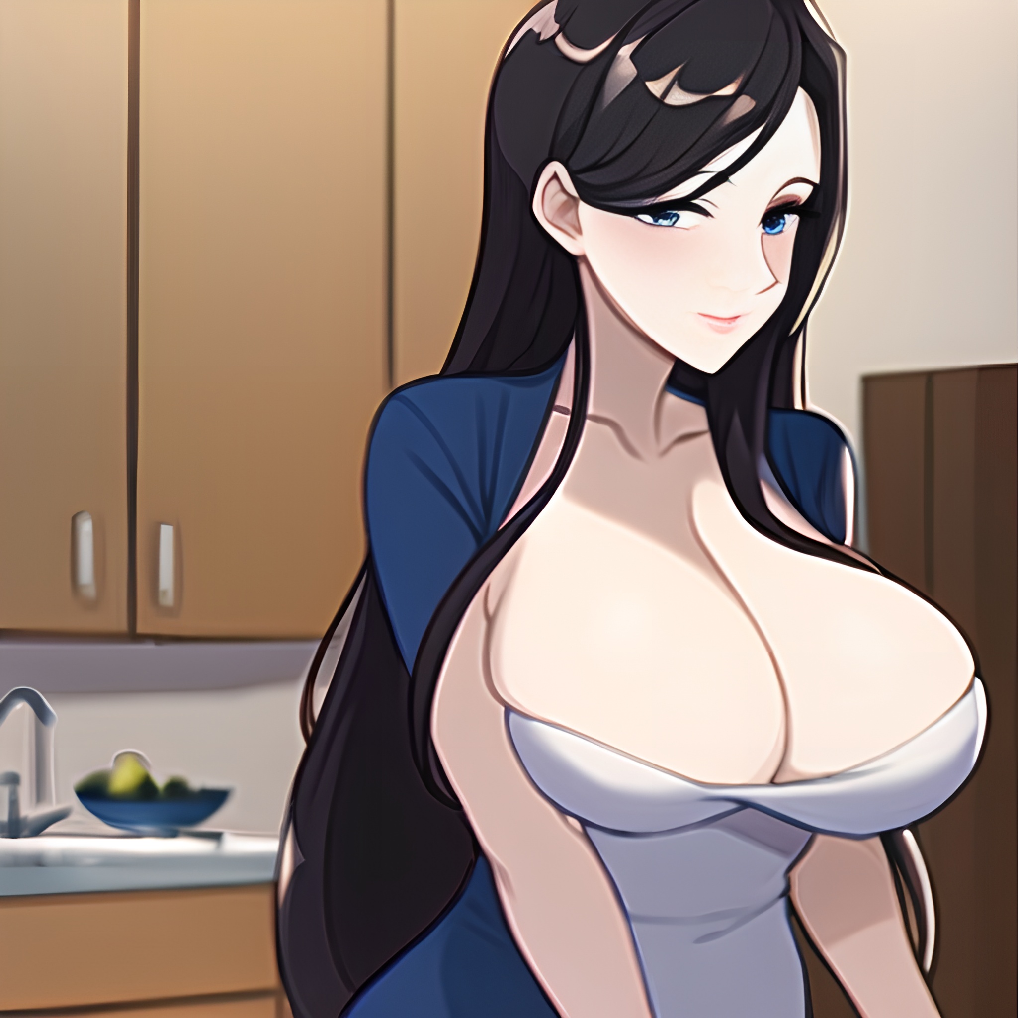 long hair woman nude perfect boobs front view kitchen 