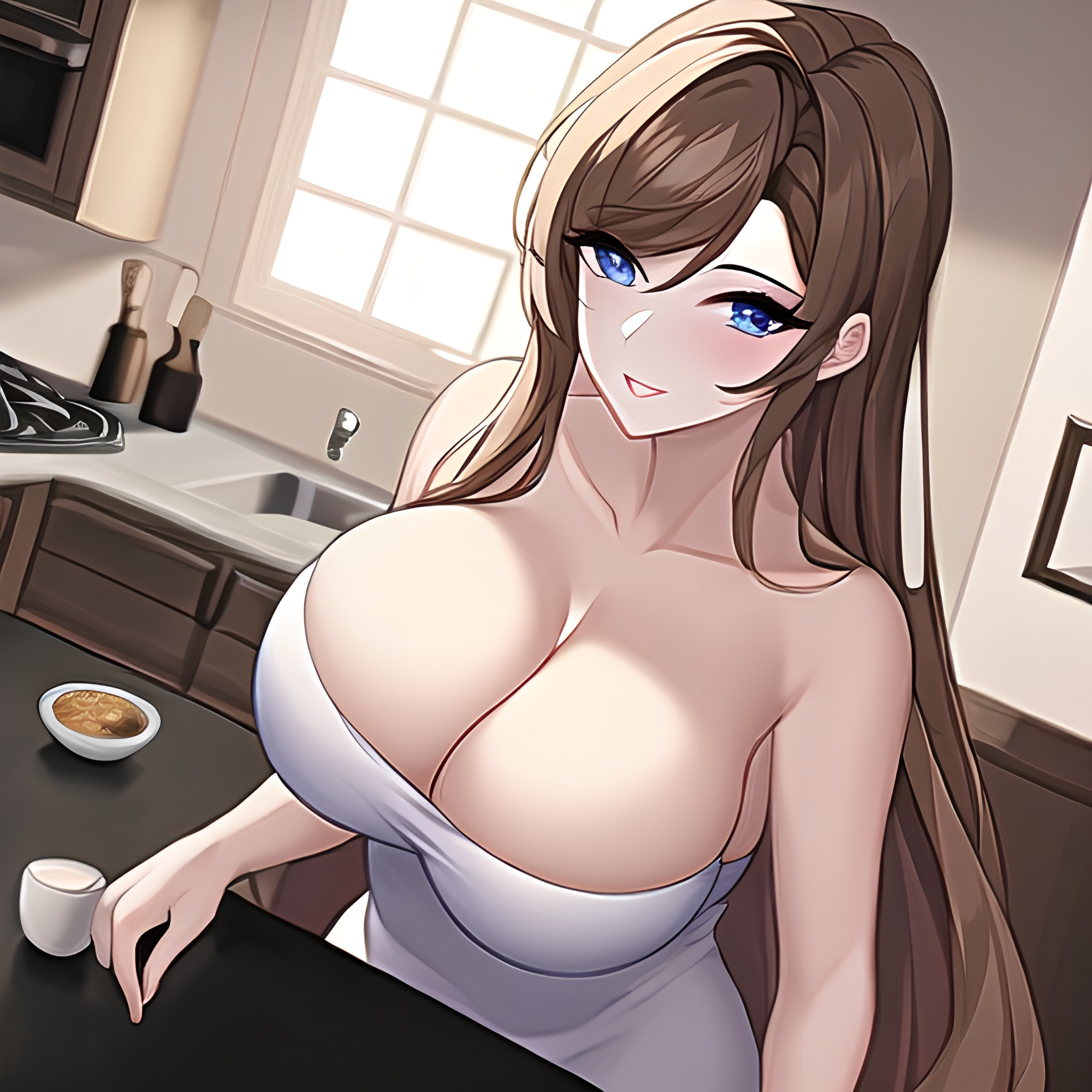 long hair woman perfect boobs kitchen front view nude 