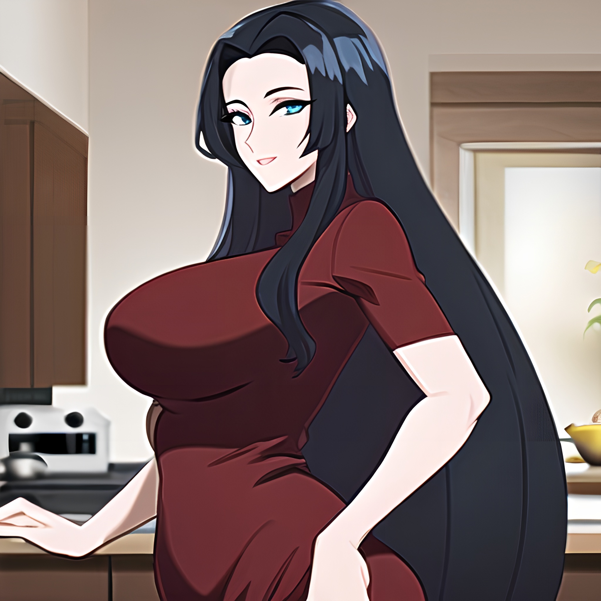 long hair woman perfect boobs nude kitchen front view