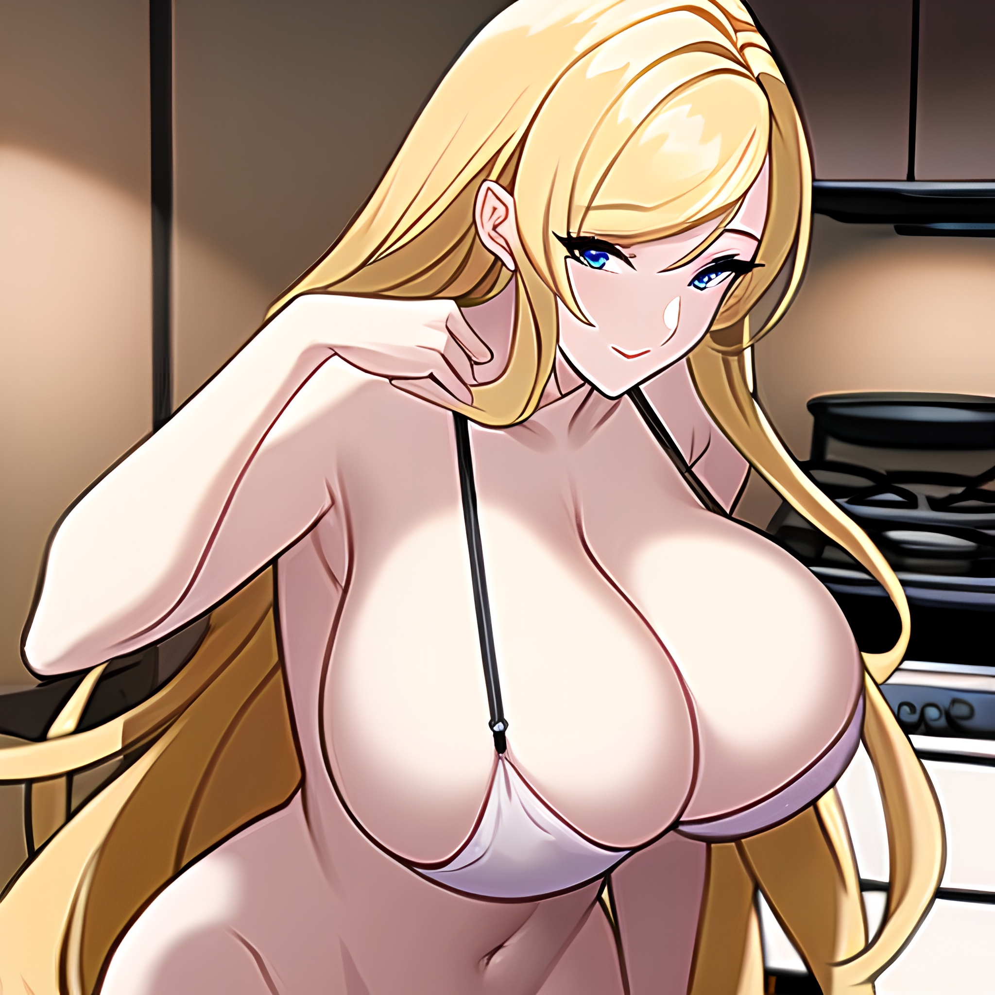 long hair woman perfect boobs nude kitchen front view 