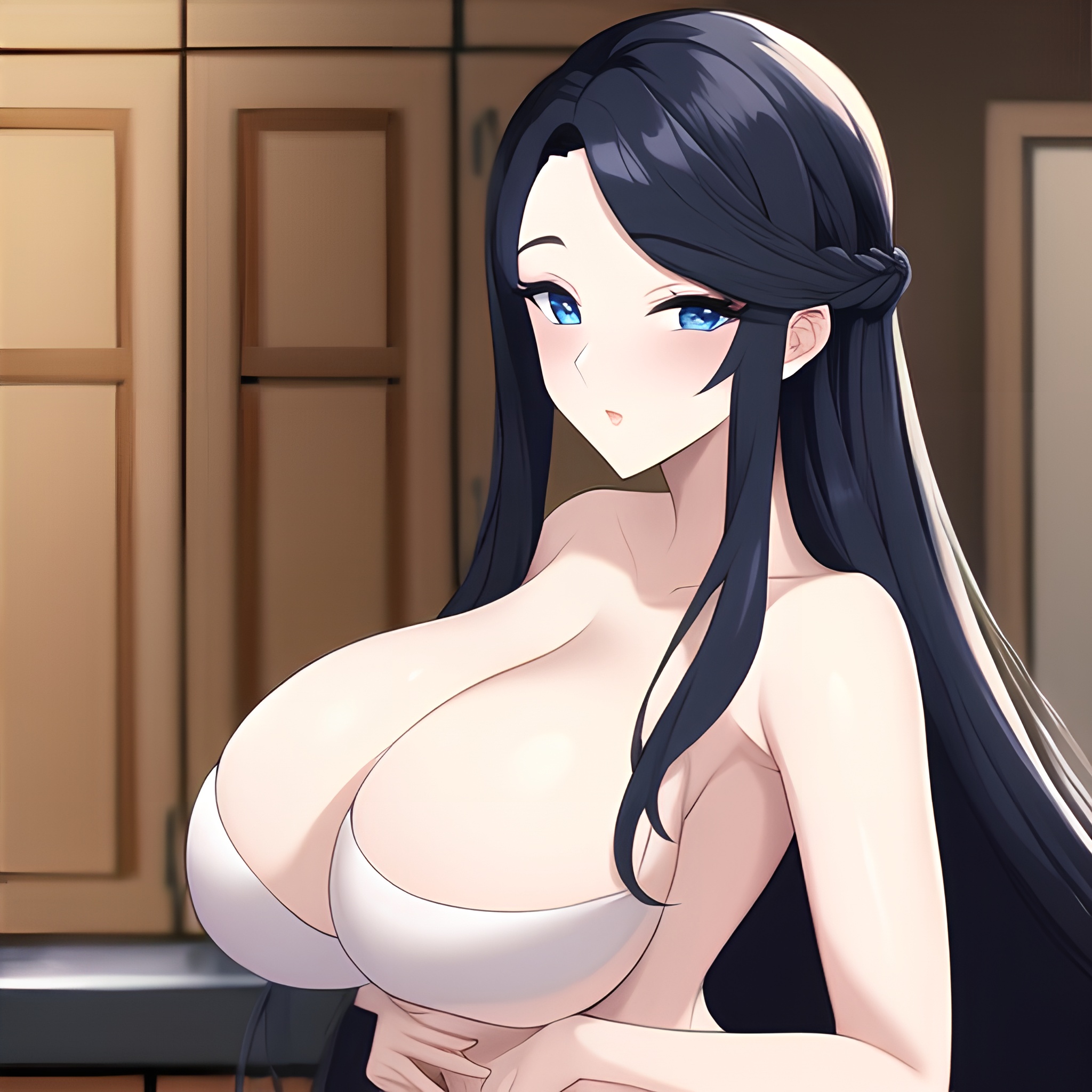 long hair woman perfect boobs nude kitchen front view 