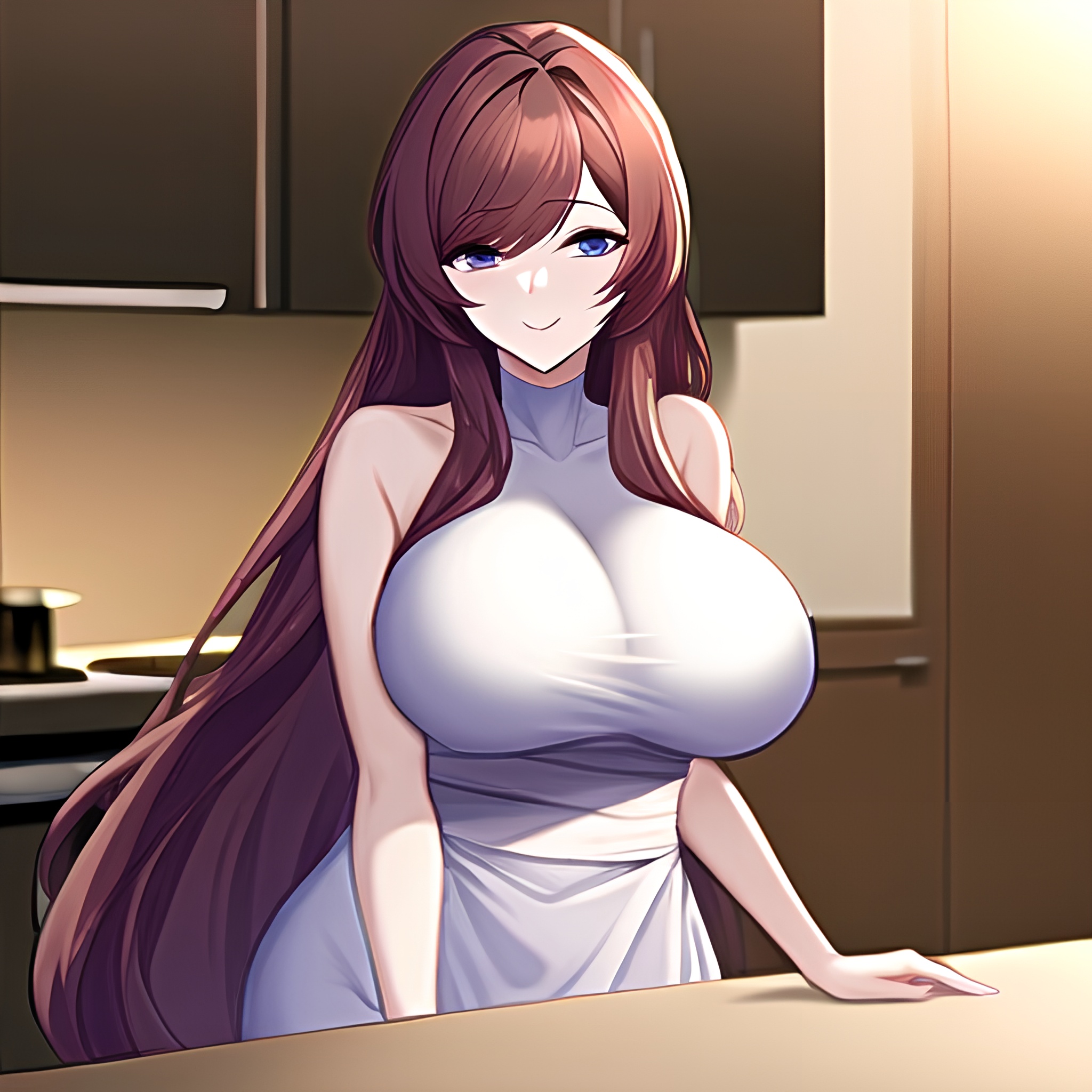 nude front view kitchen long hair woman perfect boobs 