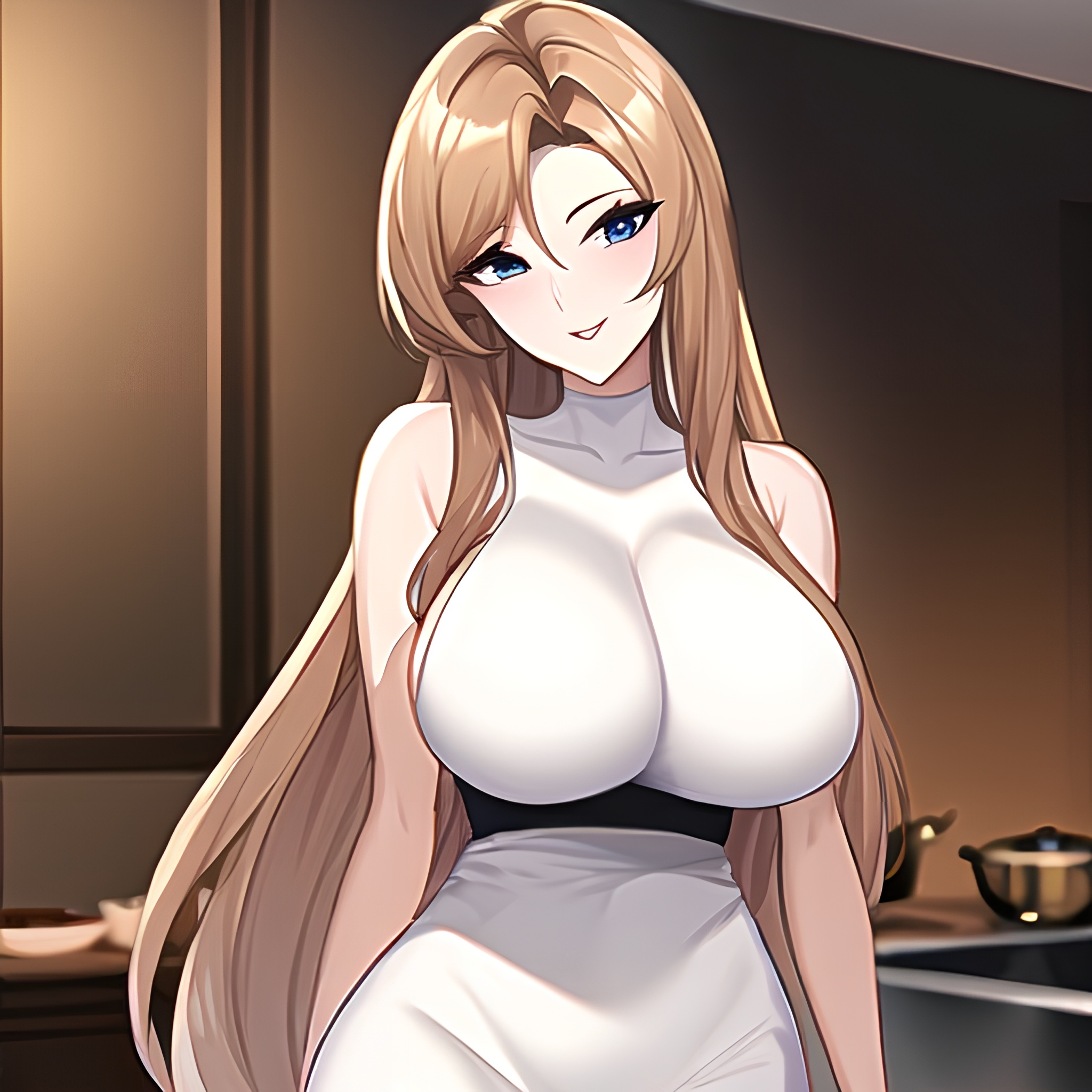 nude front view kitchen long hair woman perfect boobs 