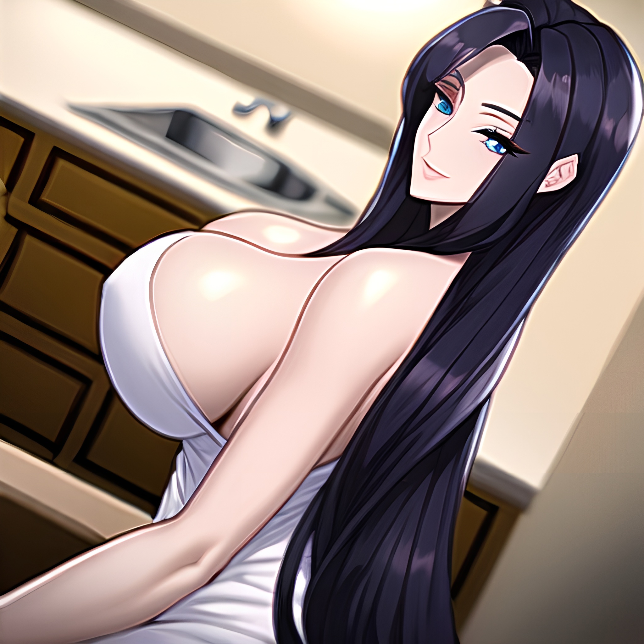 nude front view kitchen perfect boobs woman long hair 