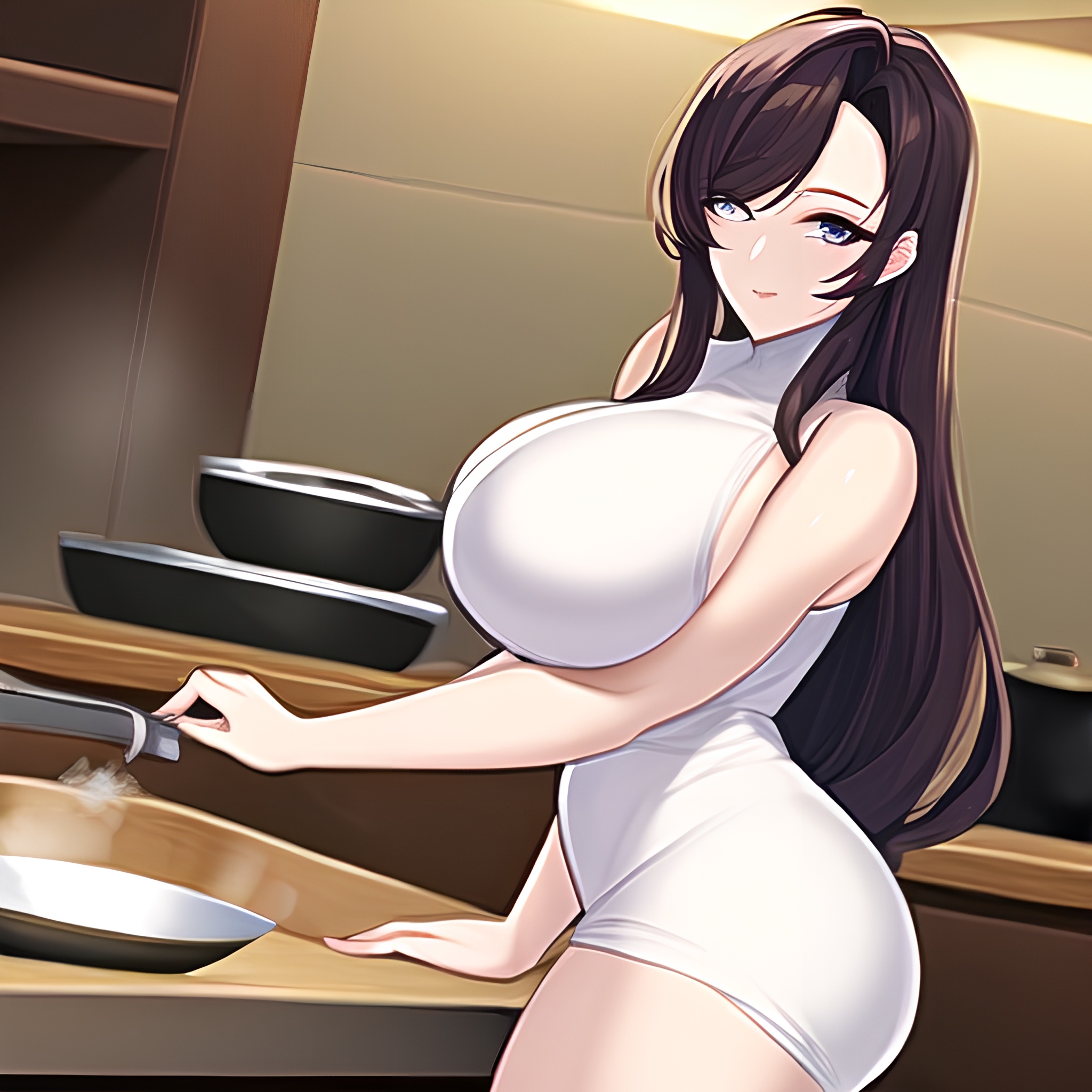 nude front view kitchen perfect boobs woman long hair 