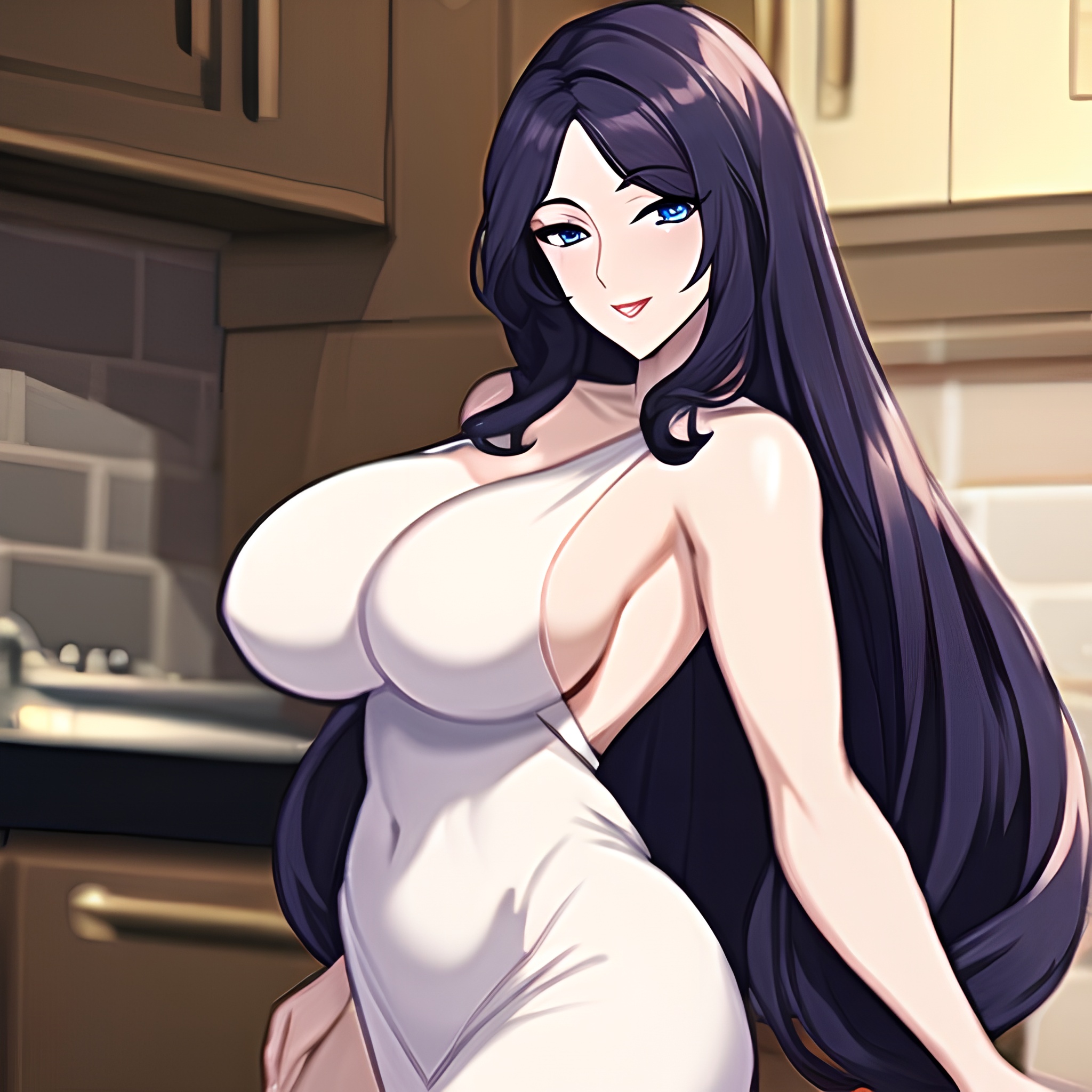 nude front view long hair perfect boobs kitchen woman 