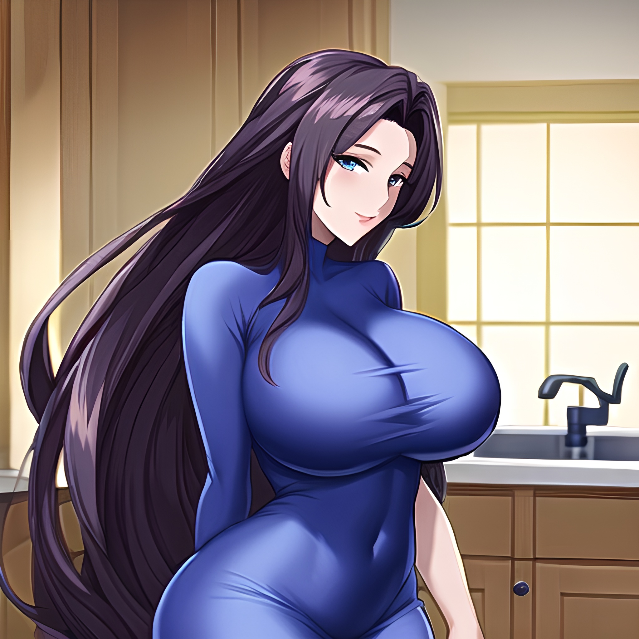 nude front view long hair perfect boobs kitchen woman 