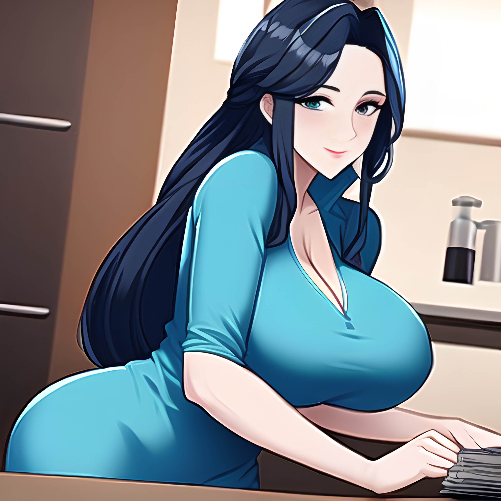 nude front view long hair woman kitchen perfect boobs 