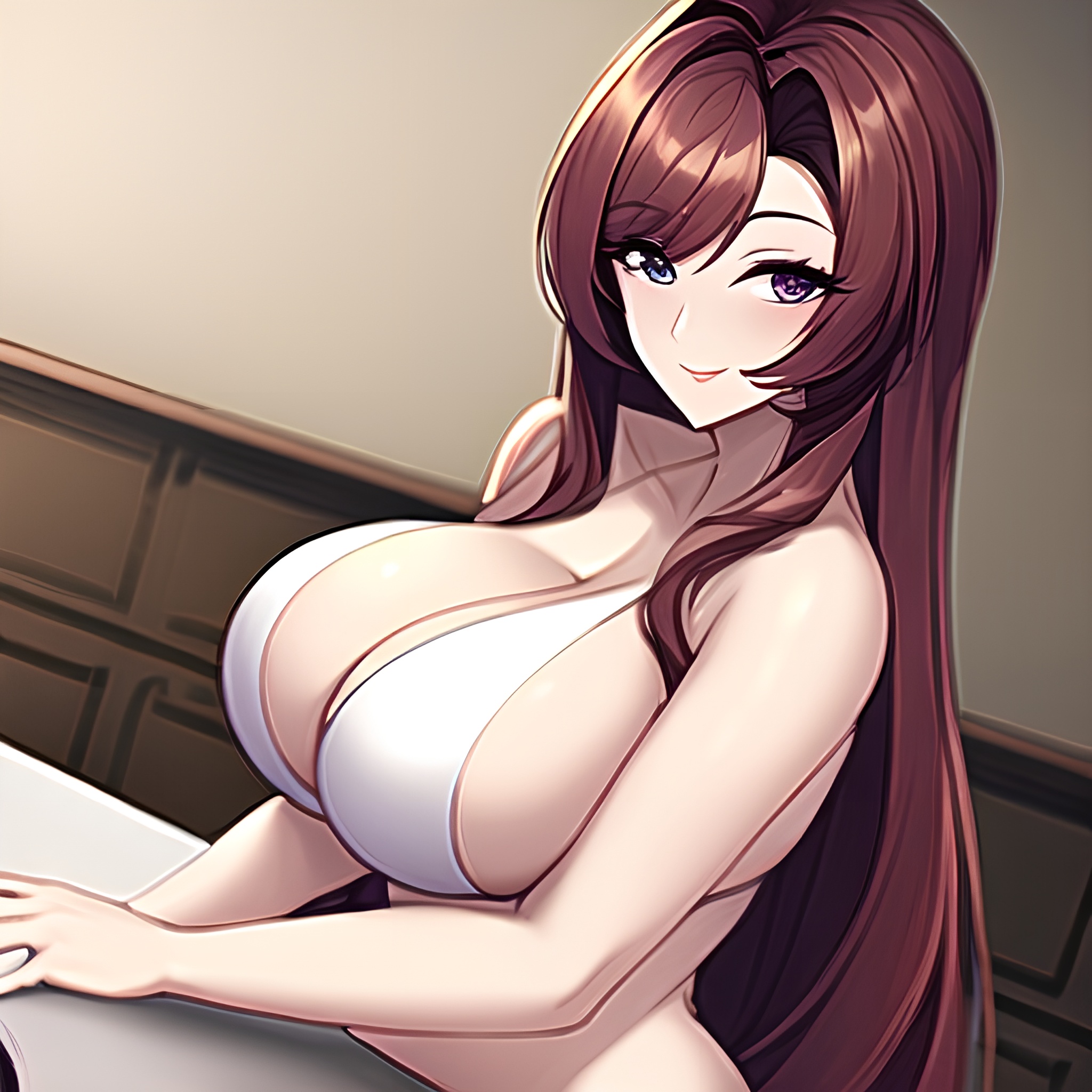 nude front view long hair woman perfect boobs kitchen 