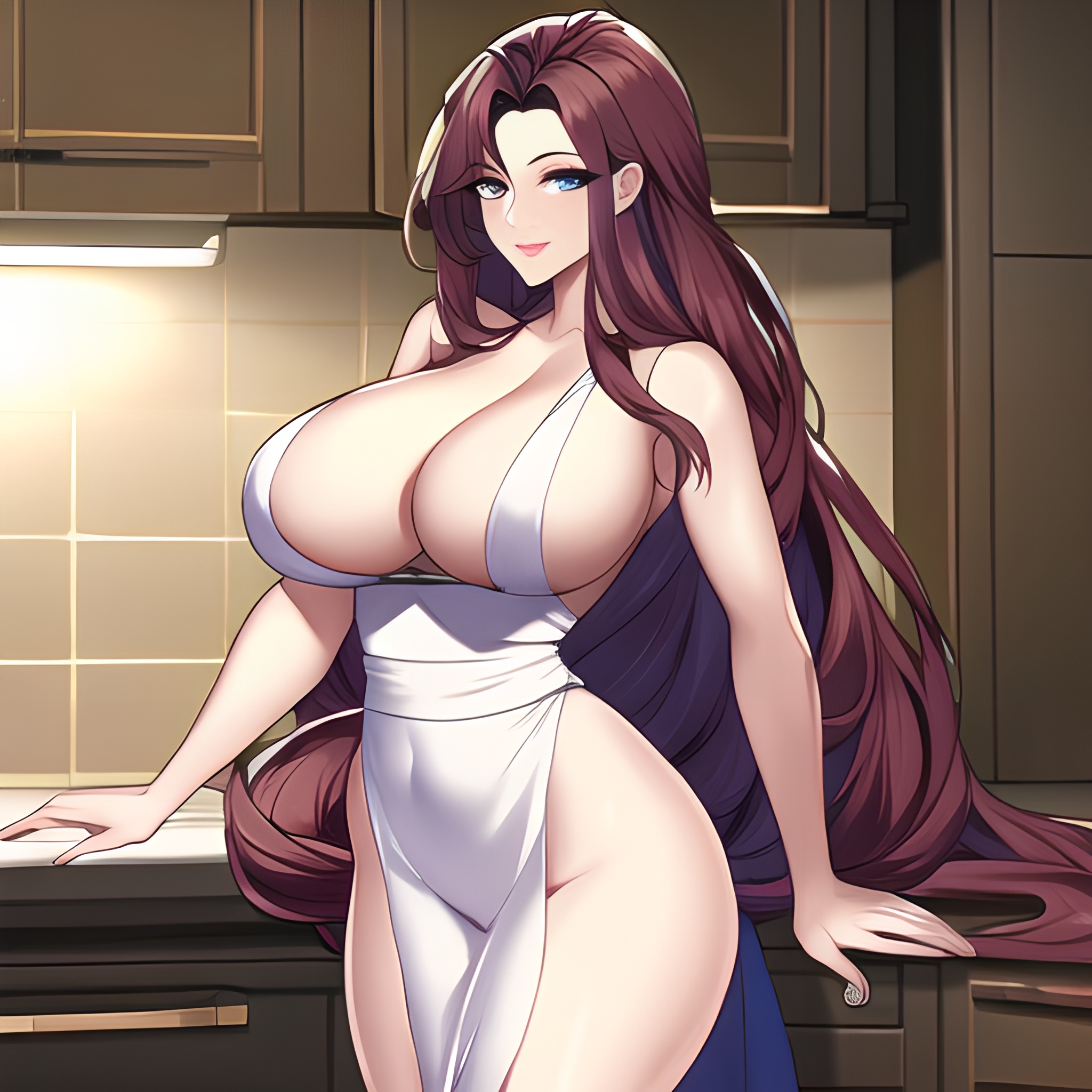 nude front view perfect boobs woman kitchen long hair 