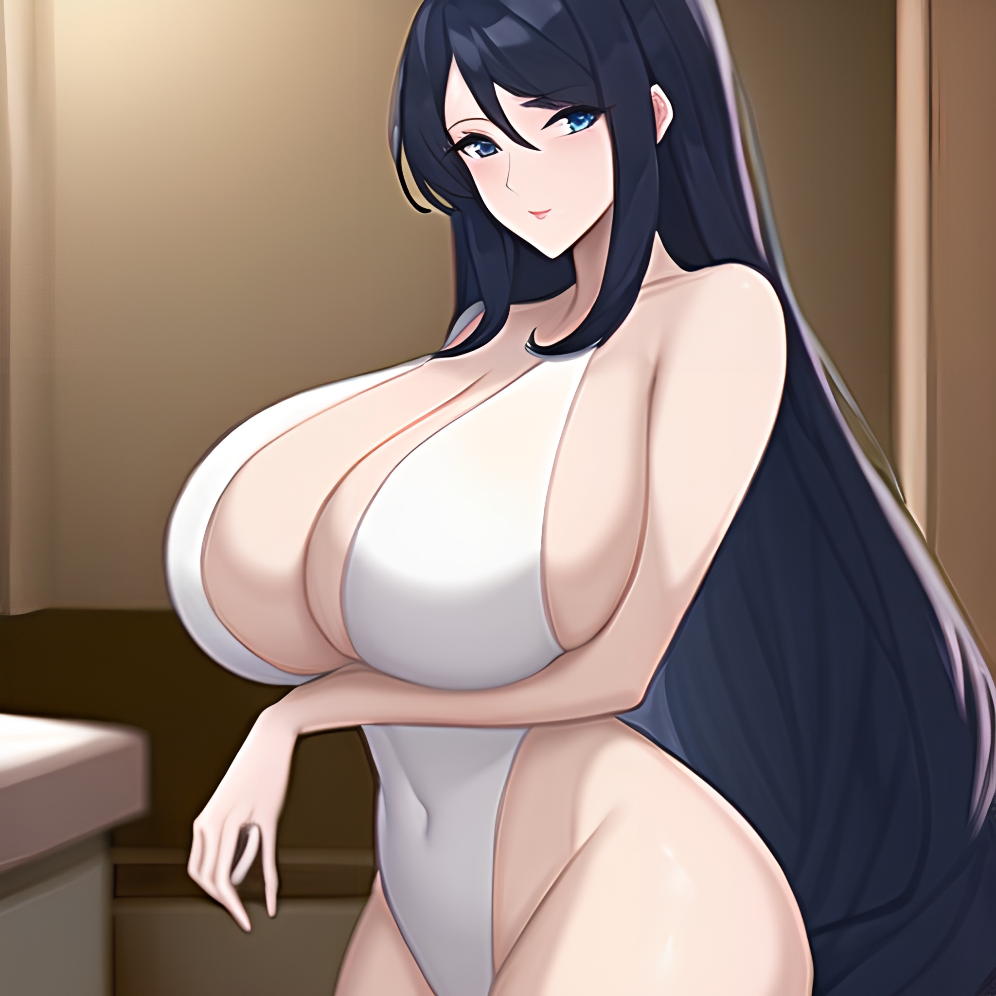 nude front view woman perfect boobs long hair kitchen 