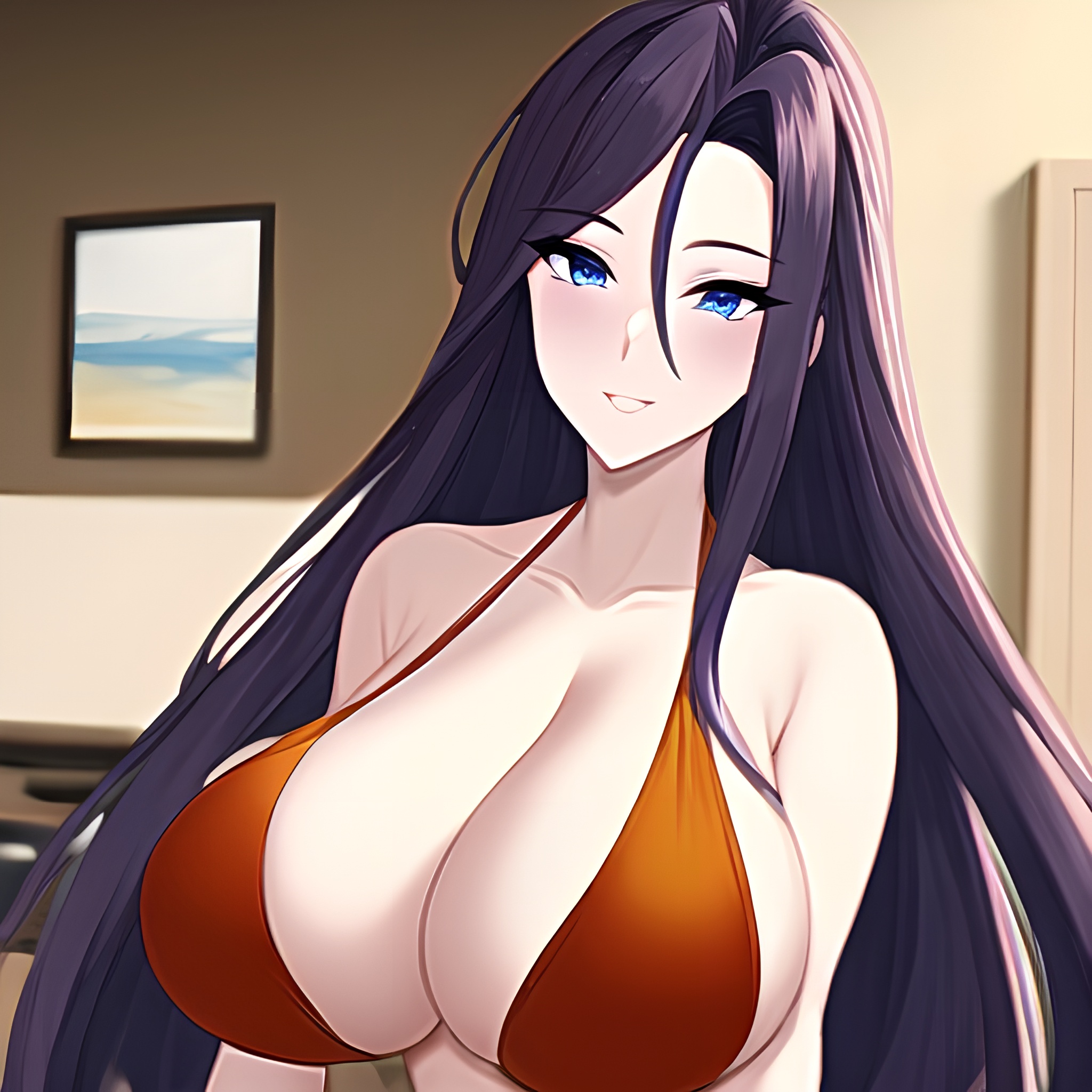 nude kitchen long hair front view woman perfect boobs 