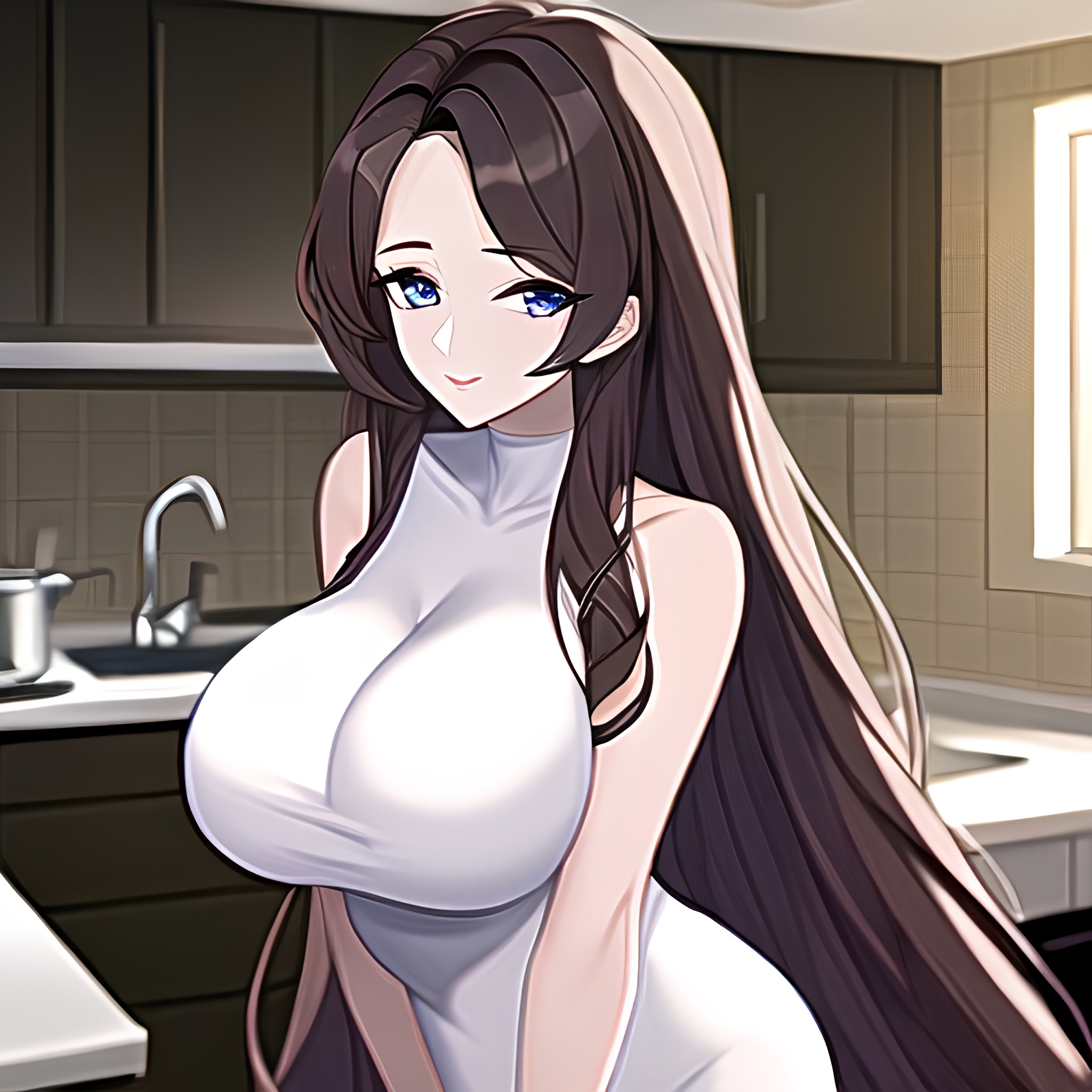 nude kitchen long hair front view woman perfect boobs 