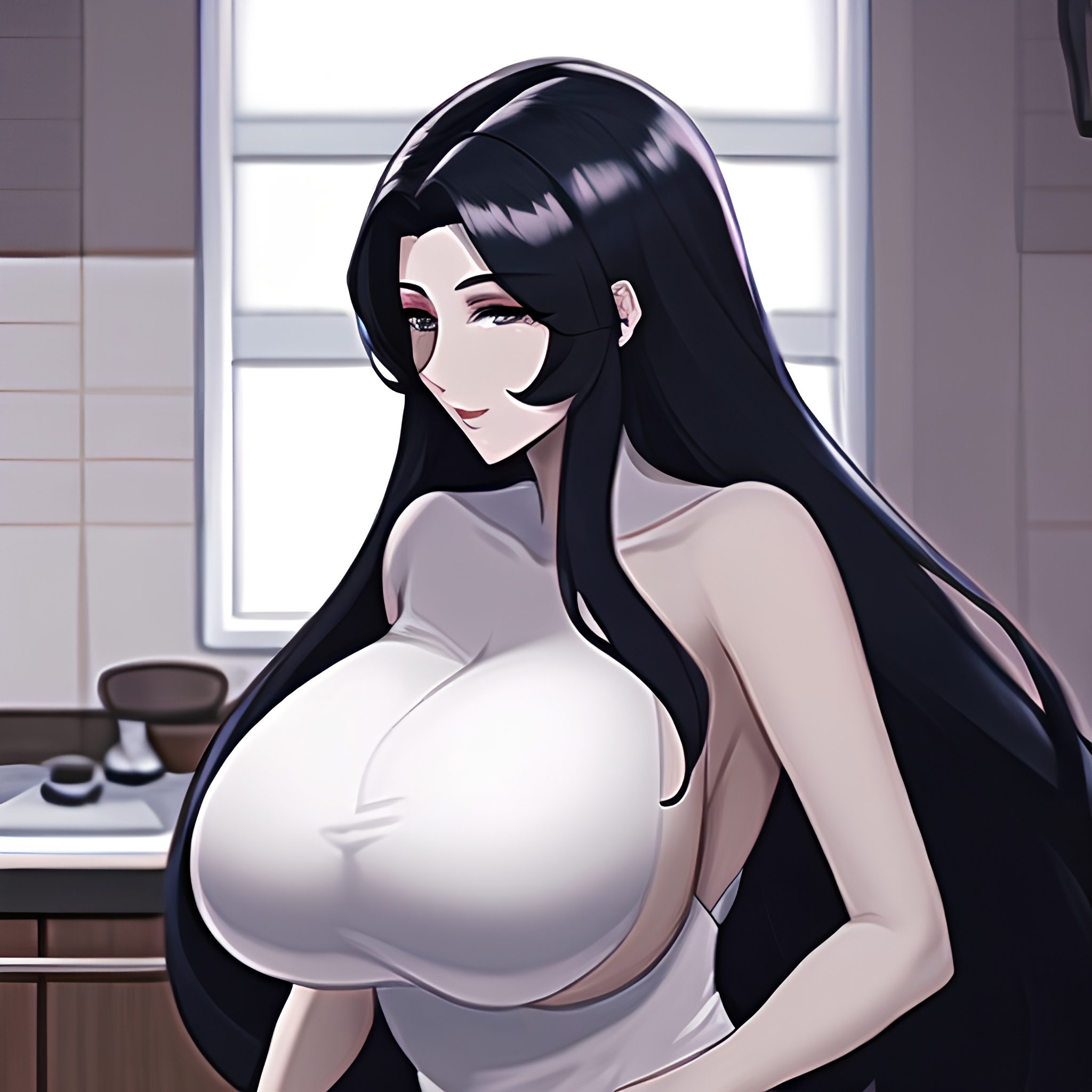 nude kitchen long hair woman front view perfect boobs 