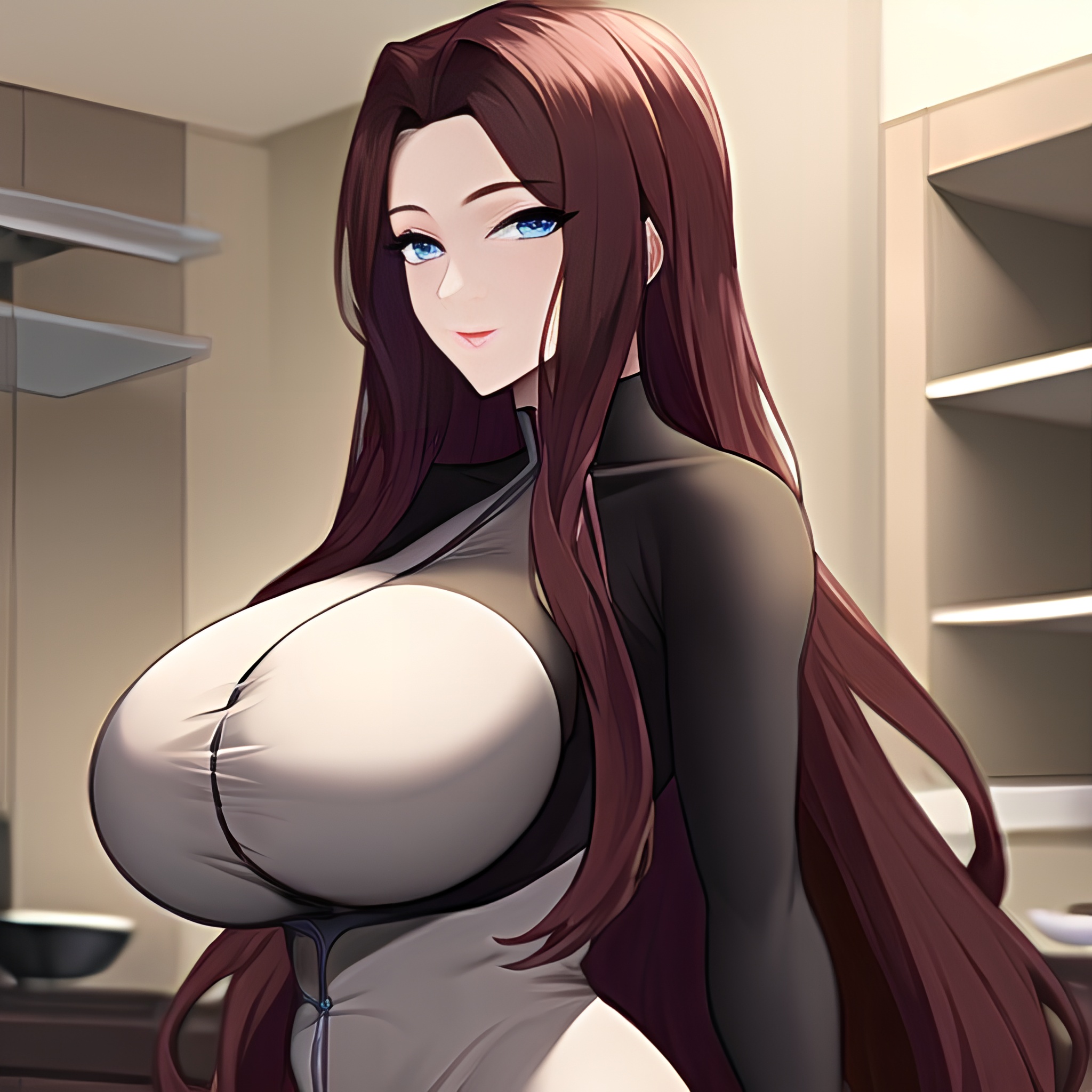 nude kitchen perfect boobs long hair front view woman