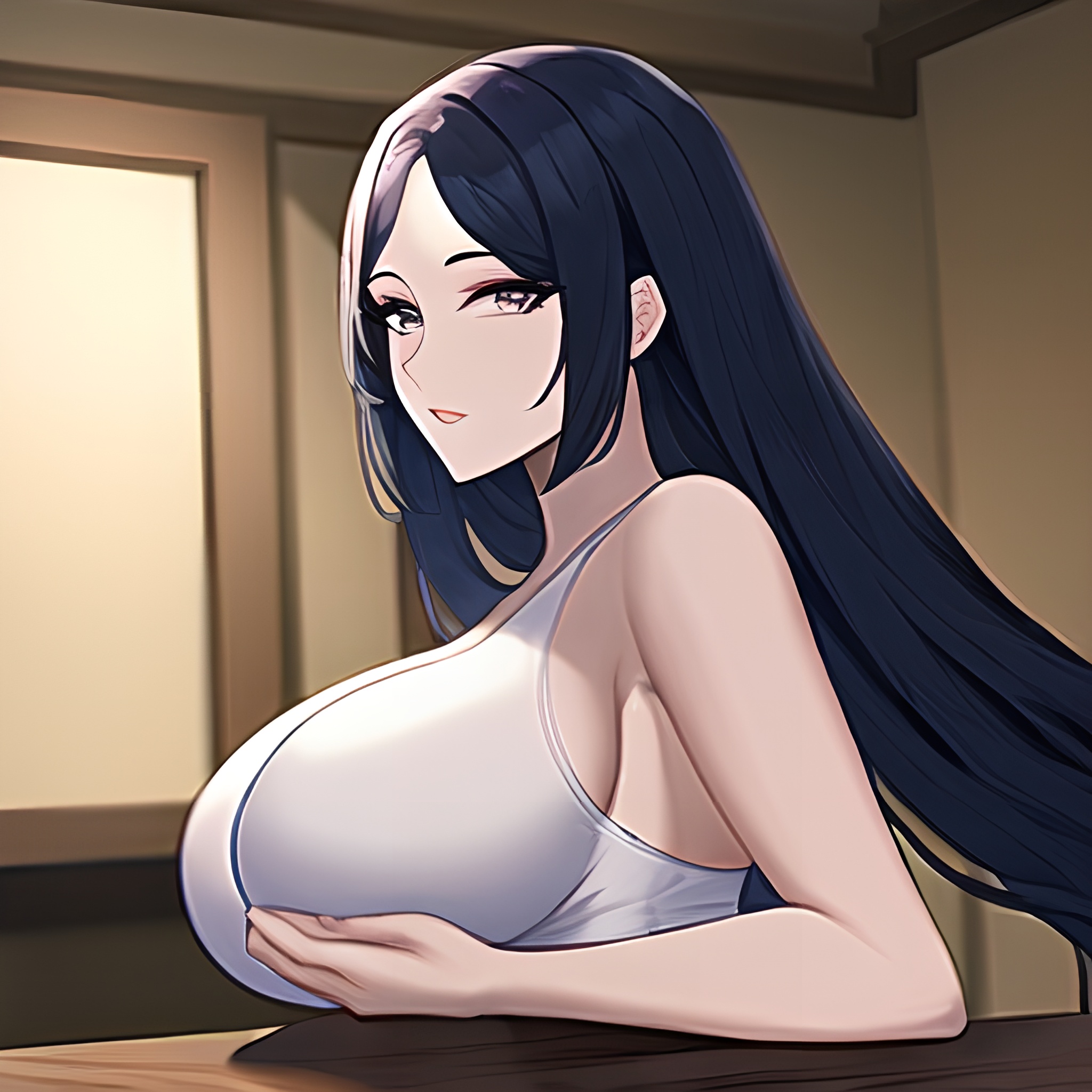 nude kitchen perfect boobs long hair woman front view 