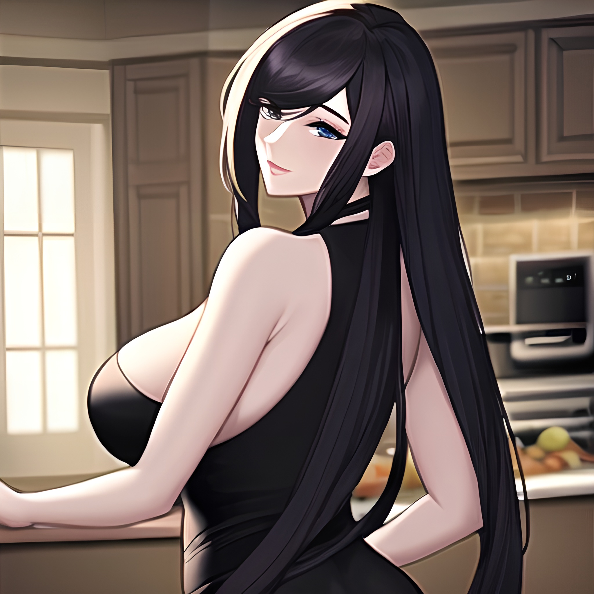 nude kitchen perfect boobs woman front view long hair 