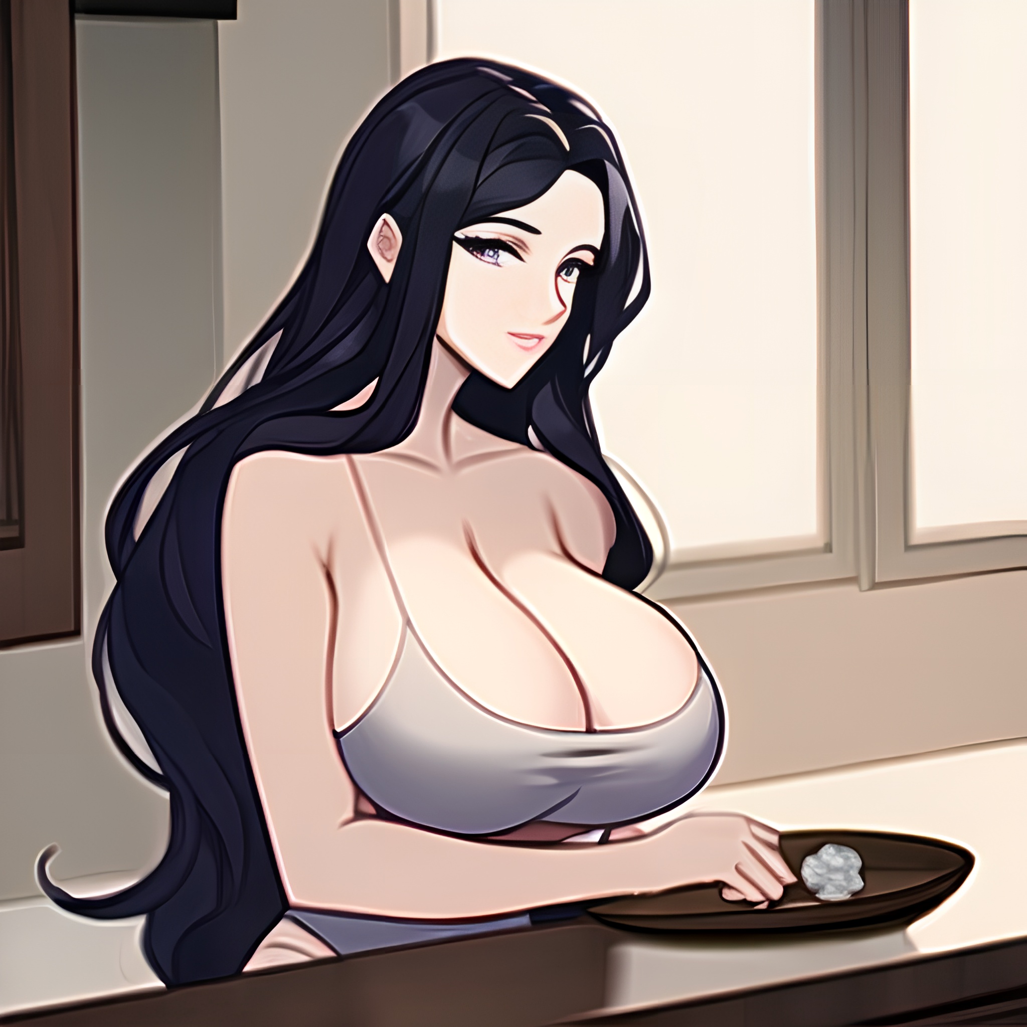 nude kitchen perfect boobs woman long hair front view